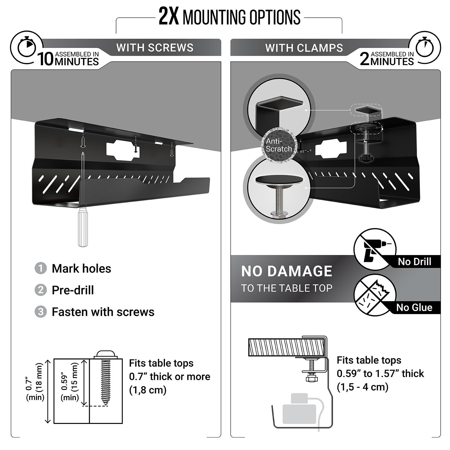 Under Desk Cable Management Tray no Drill – Wire 1 piece set, Black