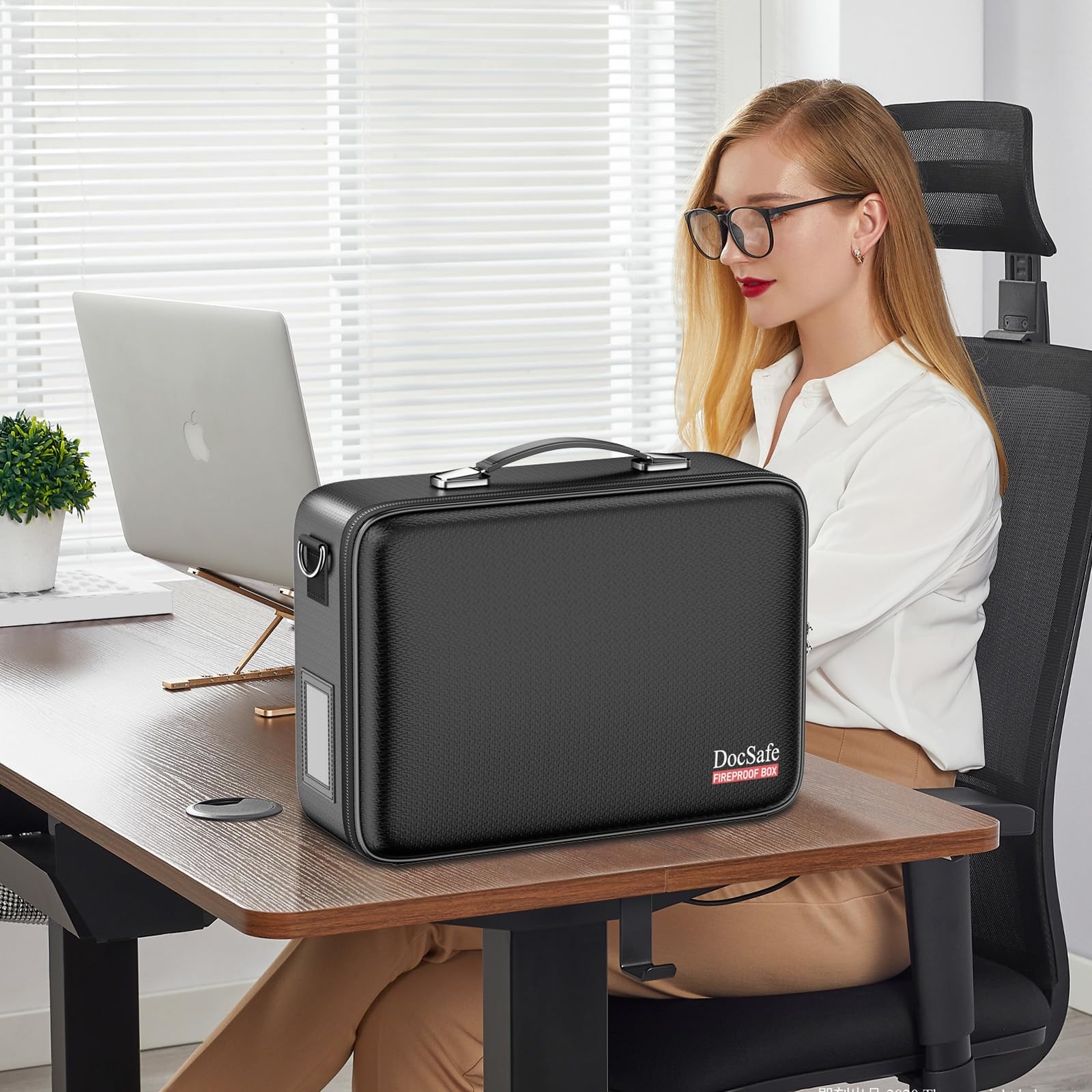 DocSafe Fireproof Document Box with Lock＆Shoulder Strap, Hard-Shell Black