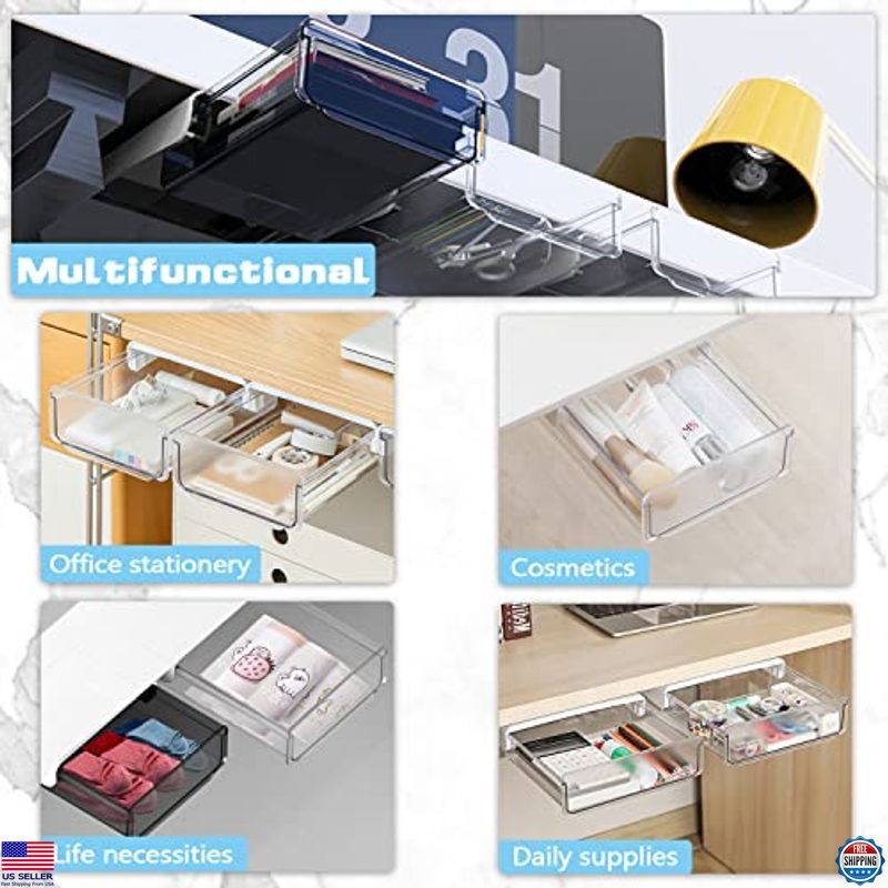 2 Pack Self-Adhesive Under Desk Drawer Organizer – Large White Slide-Out Trays