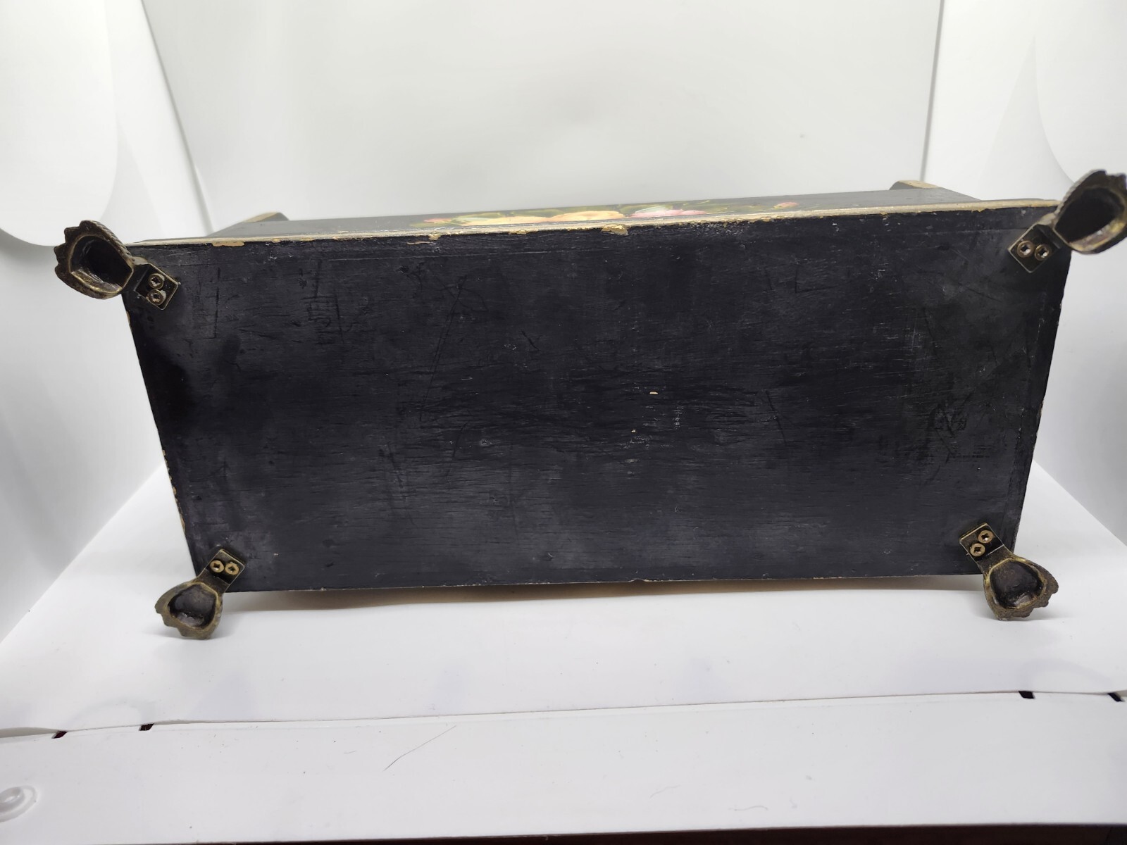 Handpainted Vintage Desk Organizer Rose Maling Wooden W/brass Feet