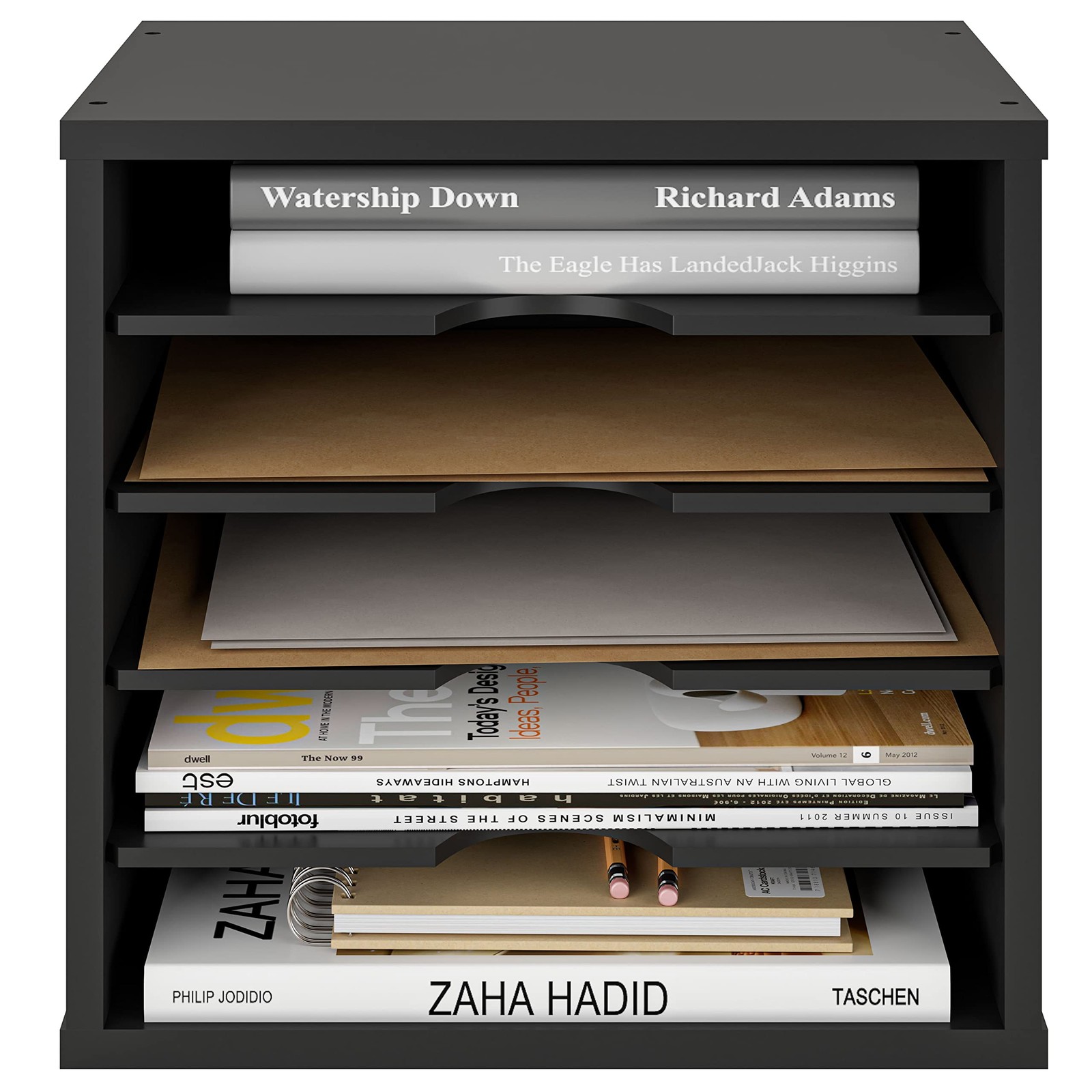 Black 5Tier File Organizer For Desk Wooden Mail Sorter Adjustable Shelves