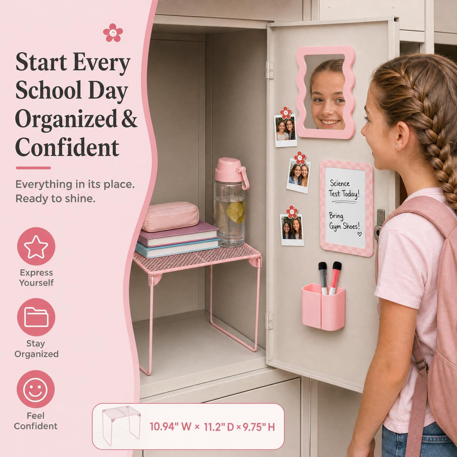 Stylish Locker Kit – Includes Shelf, Mirror, Whiteboard, Pen Holder, Cute Flo…
