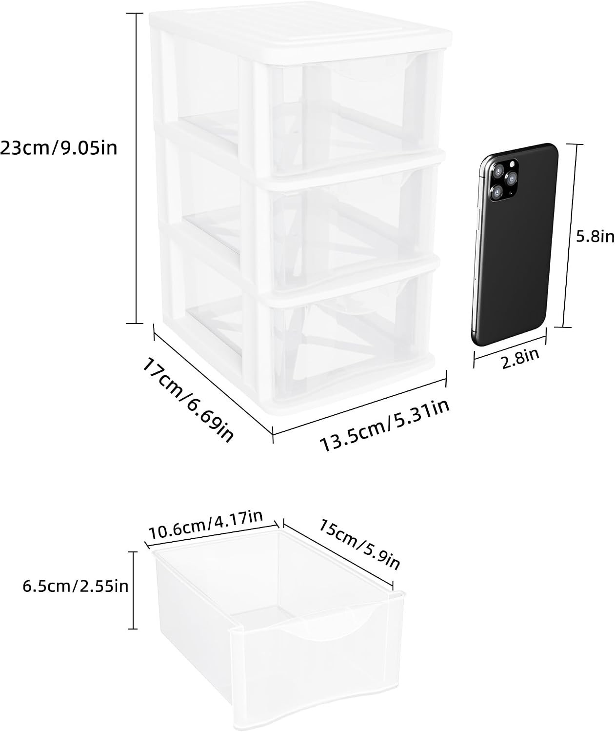 Small 3 Drawer Desktop Organizer, 2 Pack White Plastic Storage, Desktop Organ…