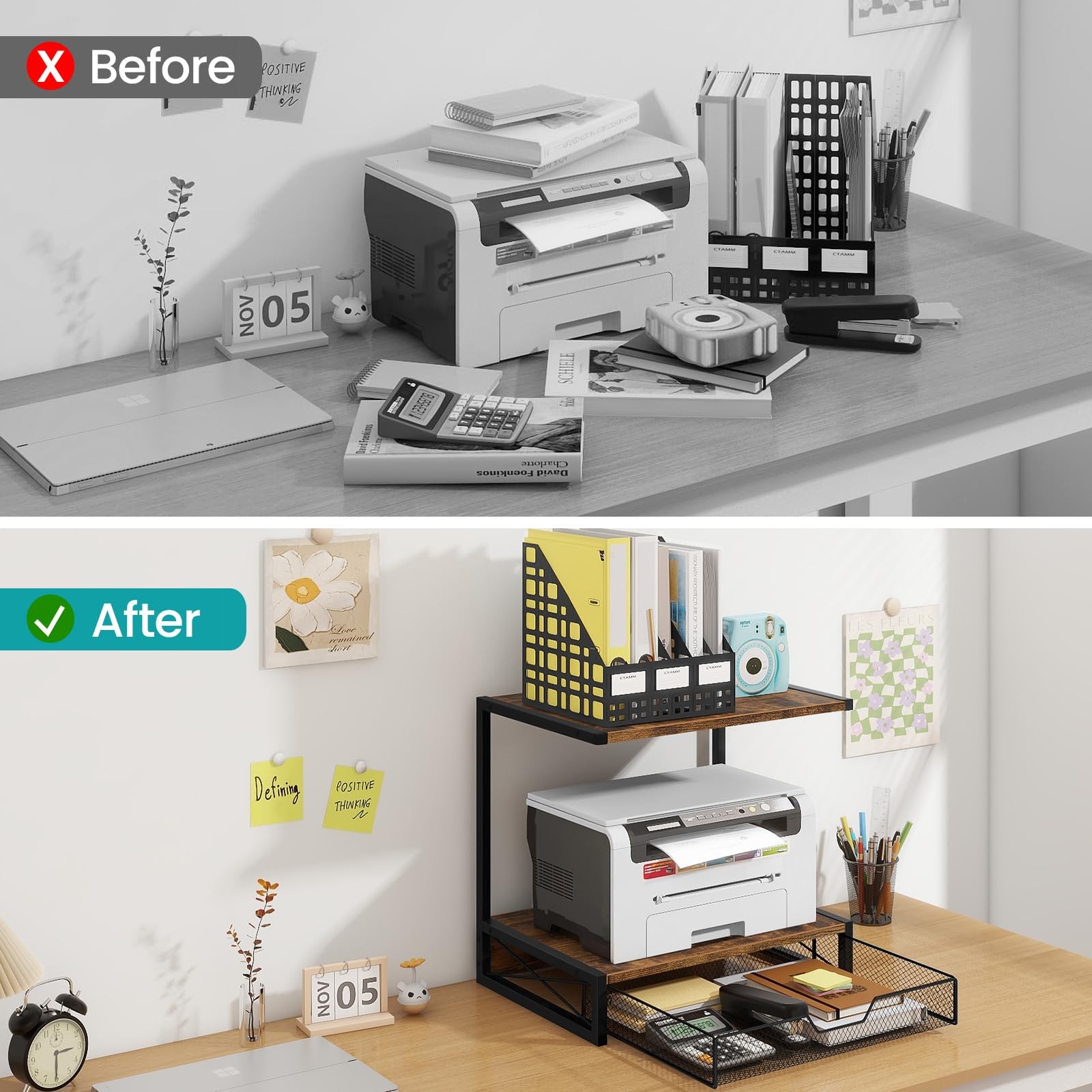 ELITEROO 2-Tier Desktop Printer Stand with Storage Rustic Brown Drawer