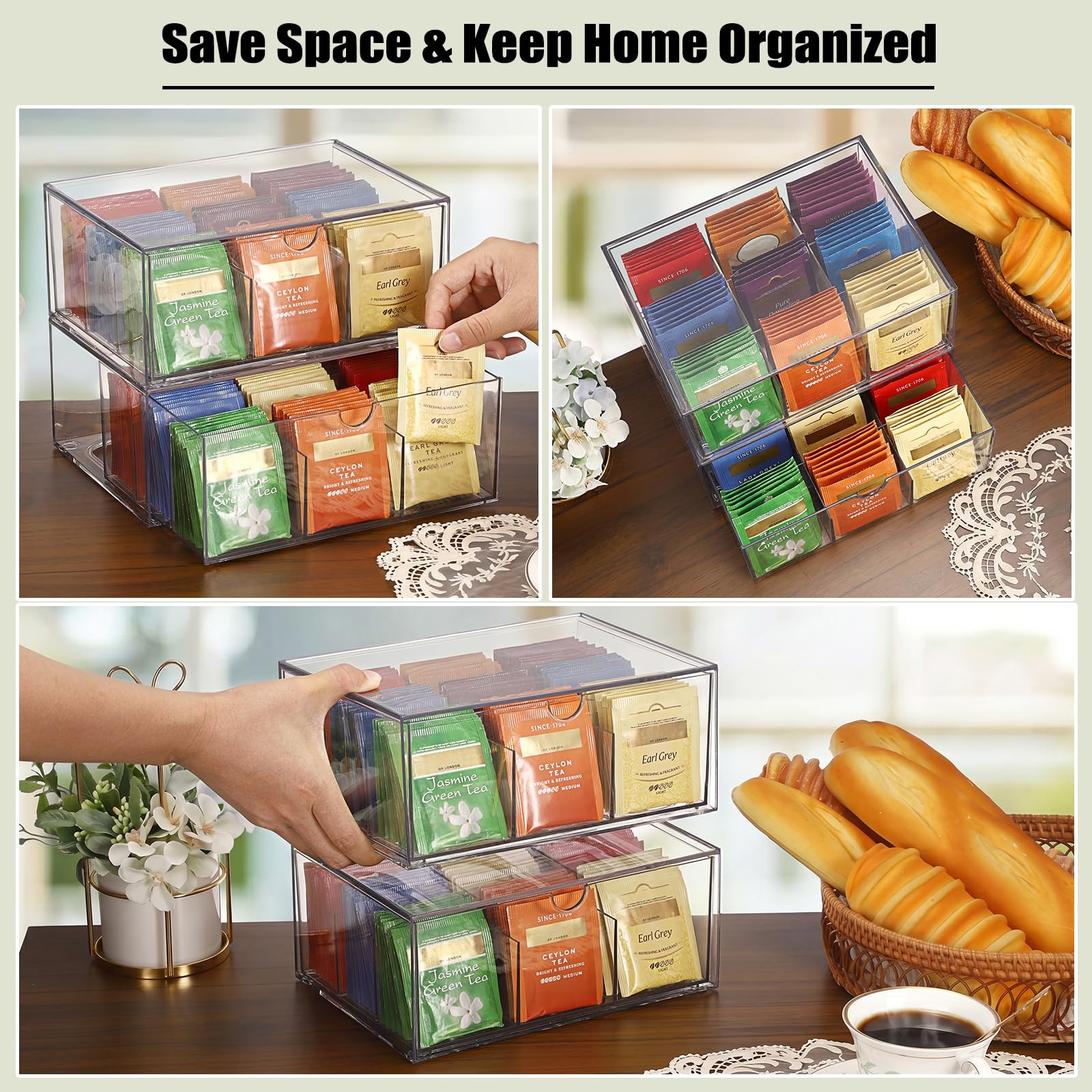 ELLDOO 2 Pack Tea Bag Organizer for Countertop, 9 9 Compartments, Clear
