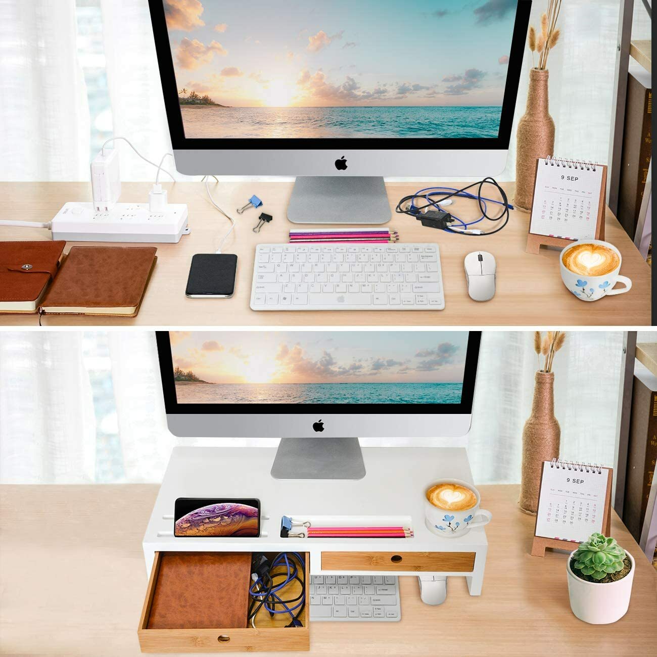 Computer Monitor Stand with Drawers – White Wood Laptop Screen Printer TV Riser