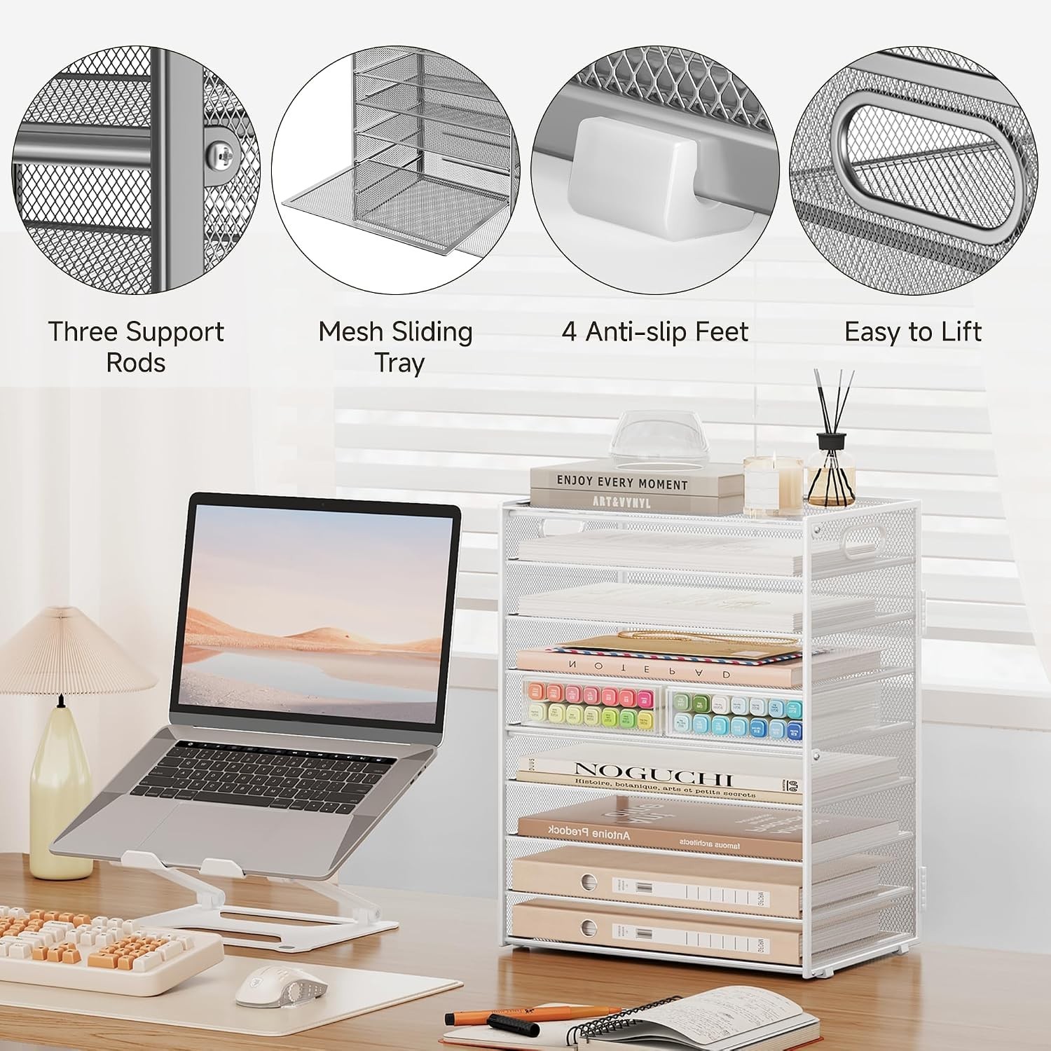 SUBEKYU 9 Tier Paper Letter Tray Desk Organizer with Handles – White Metal Mesh