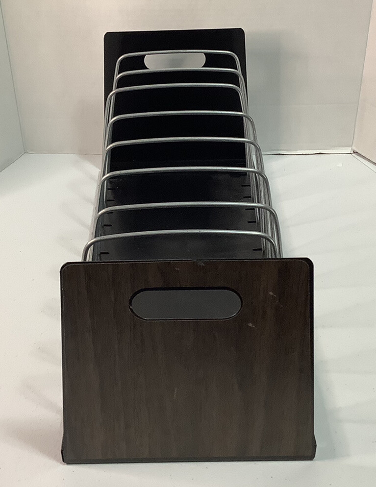 Vintage Metal Vertical 9 Slot Desk File Paper Organizer Sorter Black Faux Wood