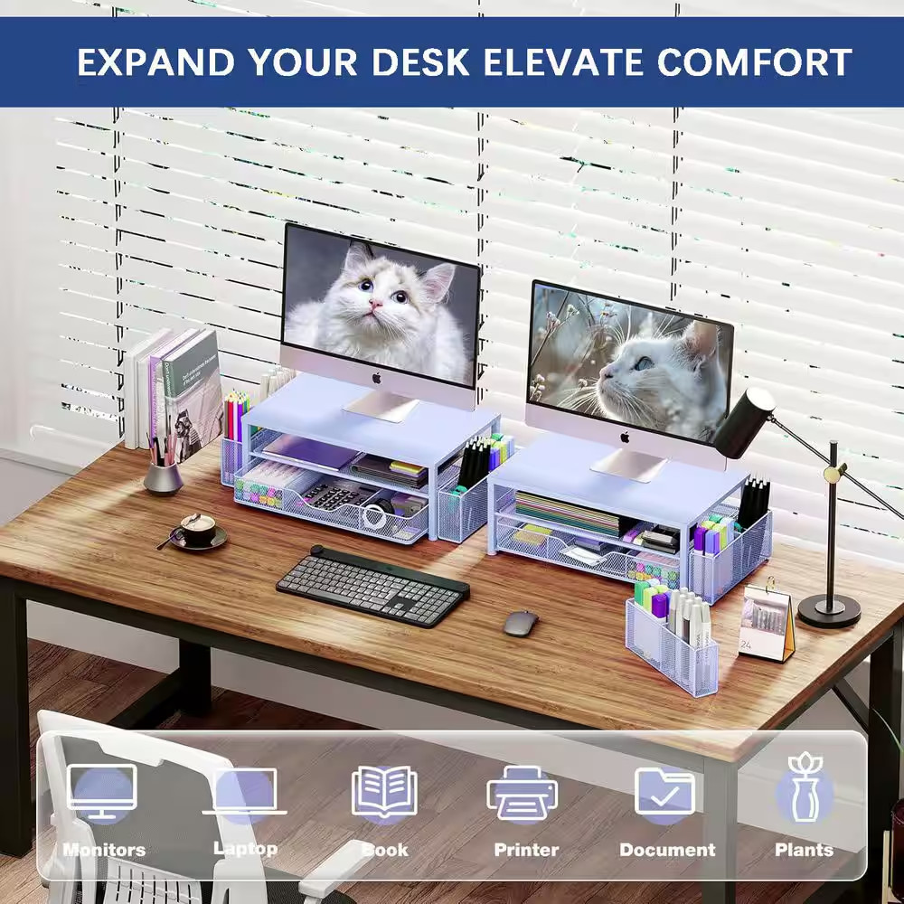 Blue 15.5 In. X 6.3 In. Metal Modern Desk Organizers with Drawer and 2 Pen Holde