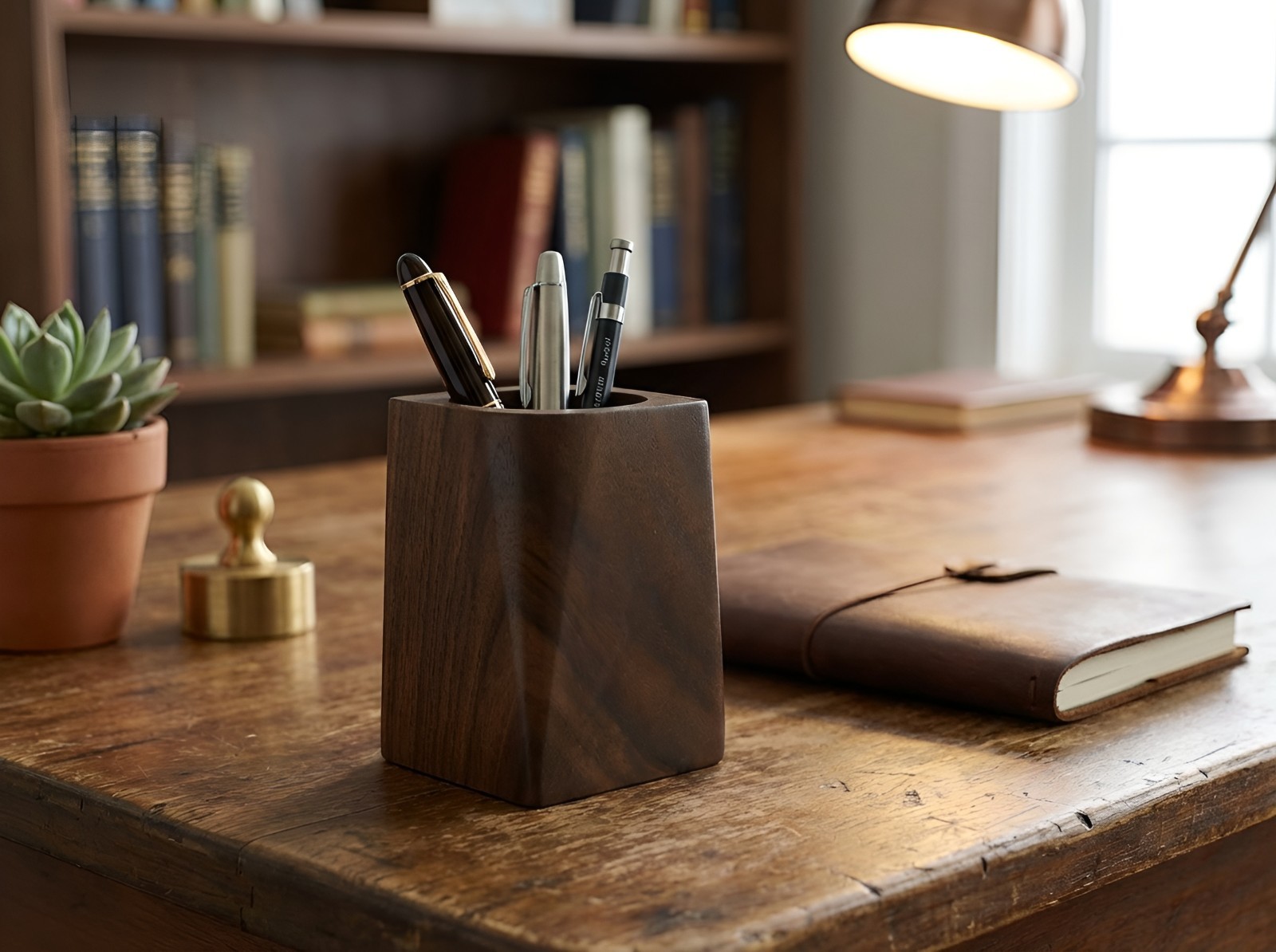 Walnut Wooden desktop pen pot organizer home office decor housewarming gift