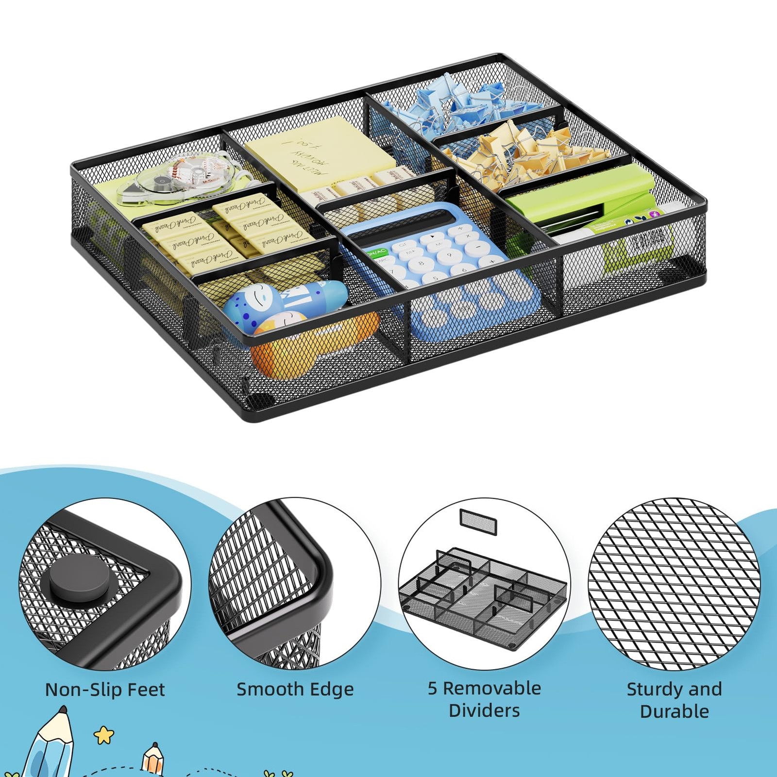 Marbrasse Desk Drawer Organizer, Metal Mesh 12 x 8.5 x 1.8 inches, Black