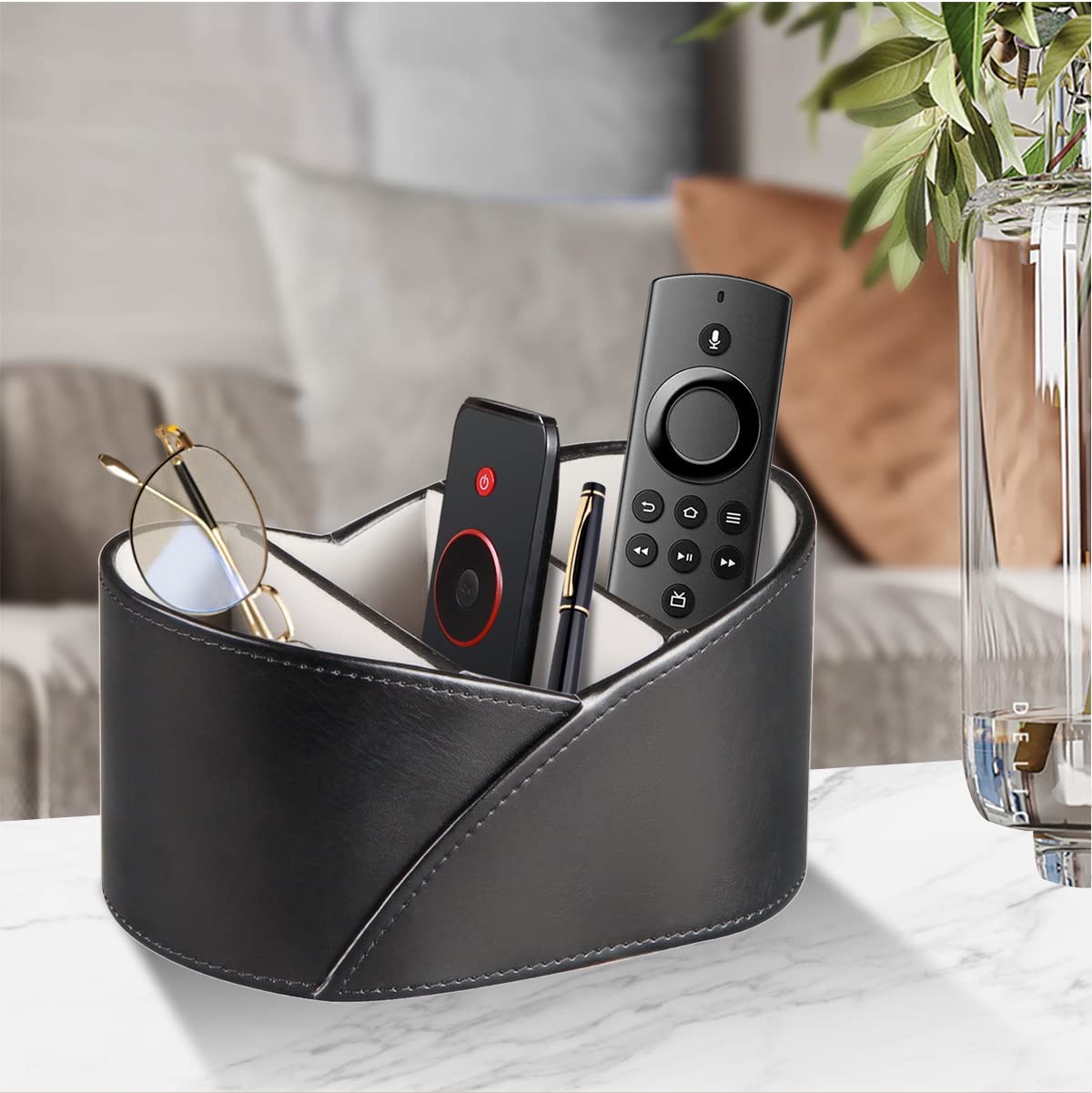 Remote Control Holder for Table, Leather TV Remotes Caddy 3 Grid Desk Organiz…