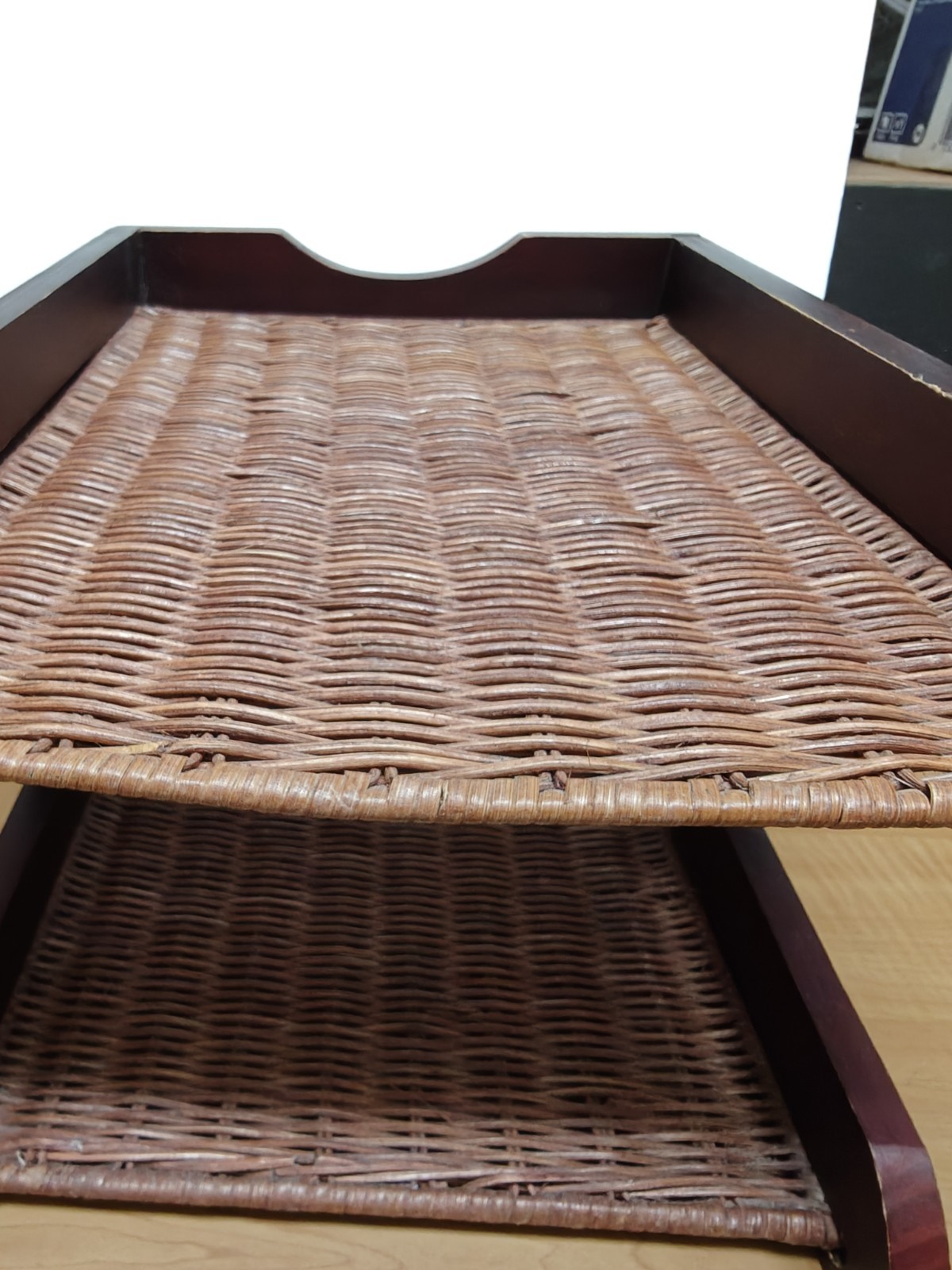 Vintage Wood Letter Tray Desk Organizer Woven Rattan 2 Tier Office Holder
