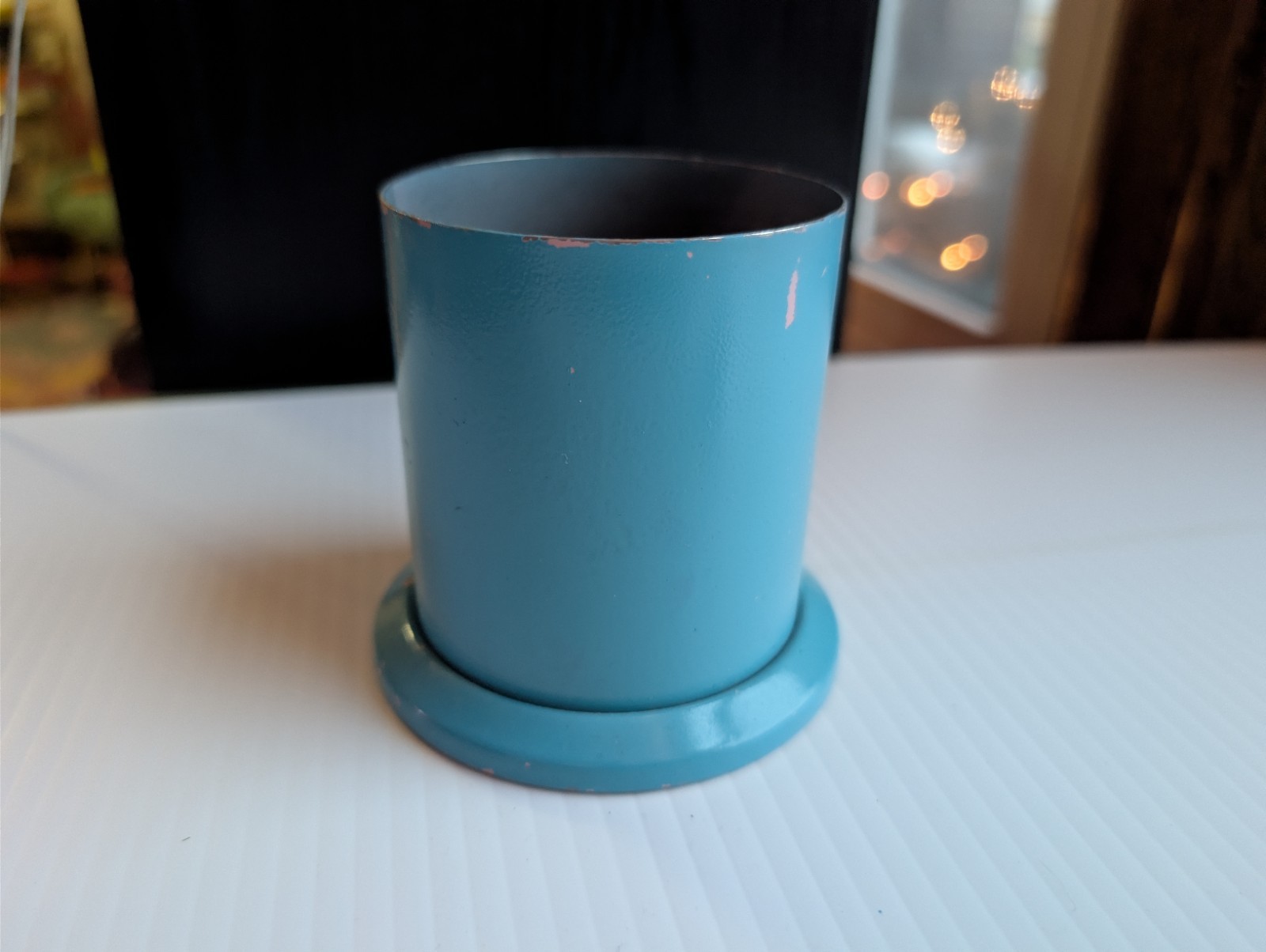 Vintage Retro Teal Blue Enamel Metal Weighted Pencil Cup Desk Organizer
