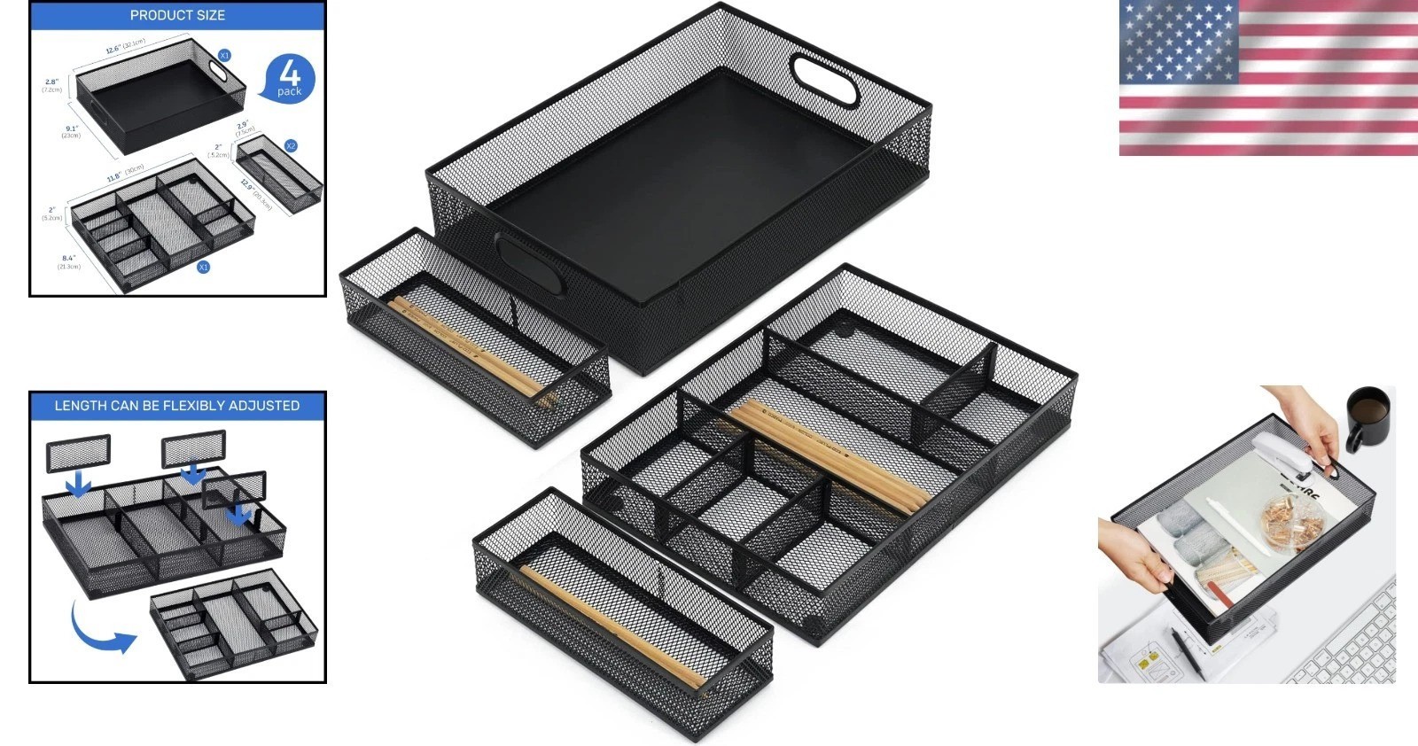 Professional 4 Pack Drawer Organizers with Adjustable Sections for Office Use