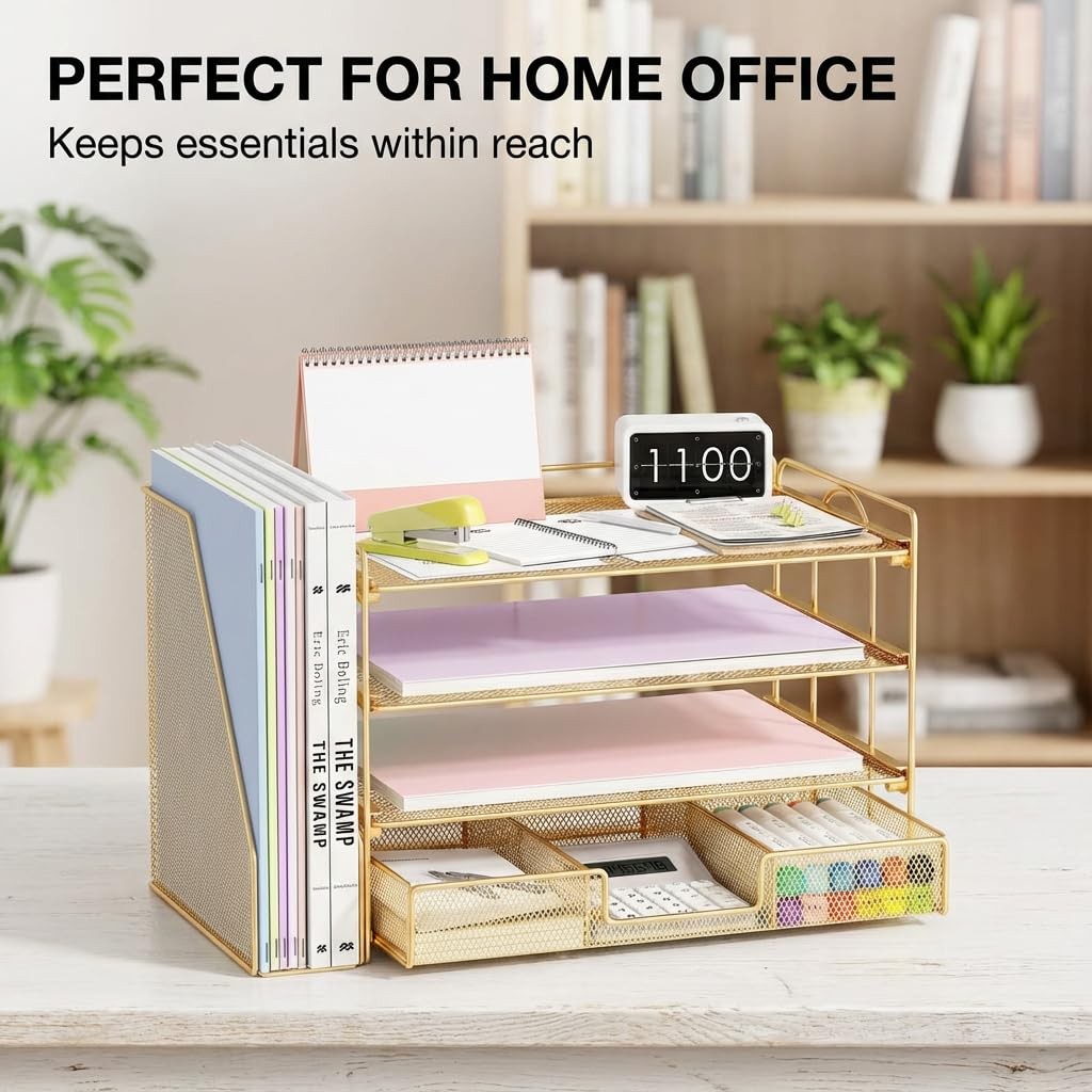 OPNICE File Desk Organizers and Accessories – Paper Letter Tray Medium, Gold
