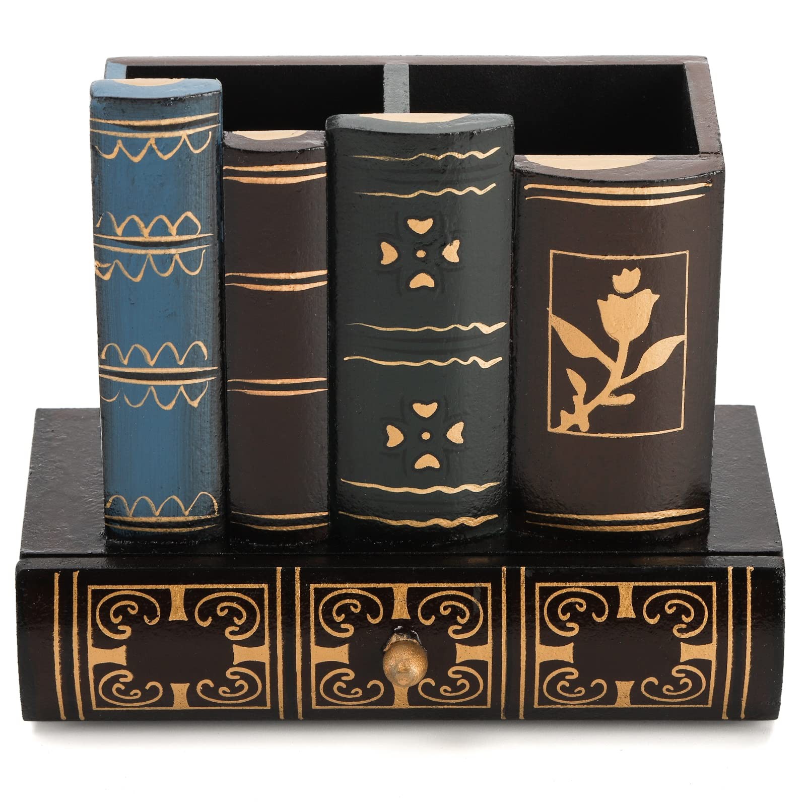 Decorative Pen Holder with Storage Drawer, Wooden Pencil Holder Organizer, An…