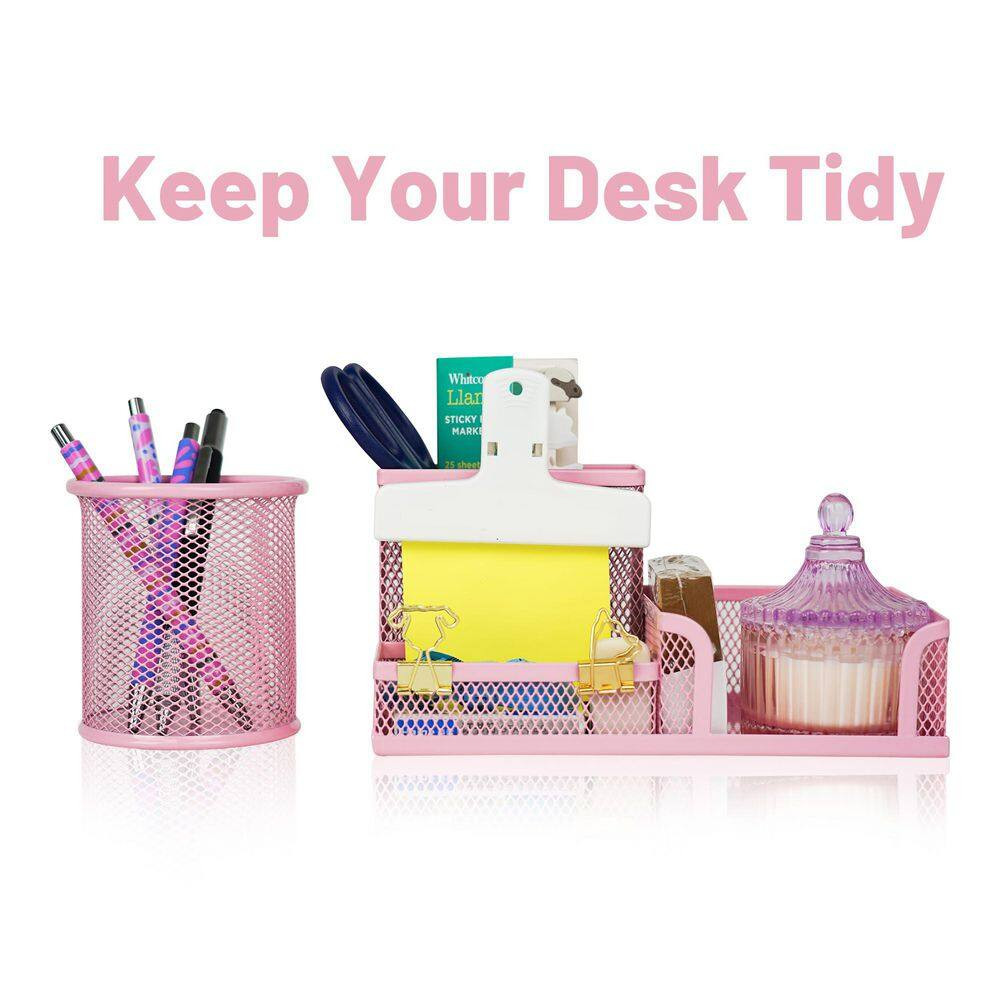 1-Pack Mesh Desk Organizer with Pencil Cup, 3 Compartments, Sticky Note Holder,