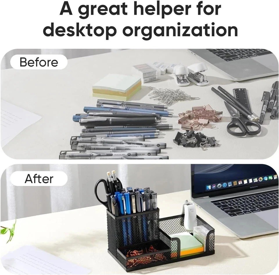 Black Mesh Desk Organizer – 3 Compartments with Pencil Holder & Storage Baskets,