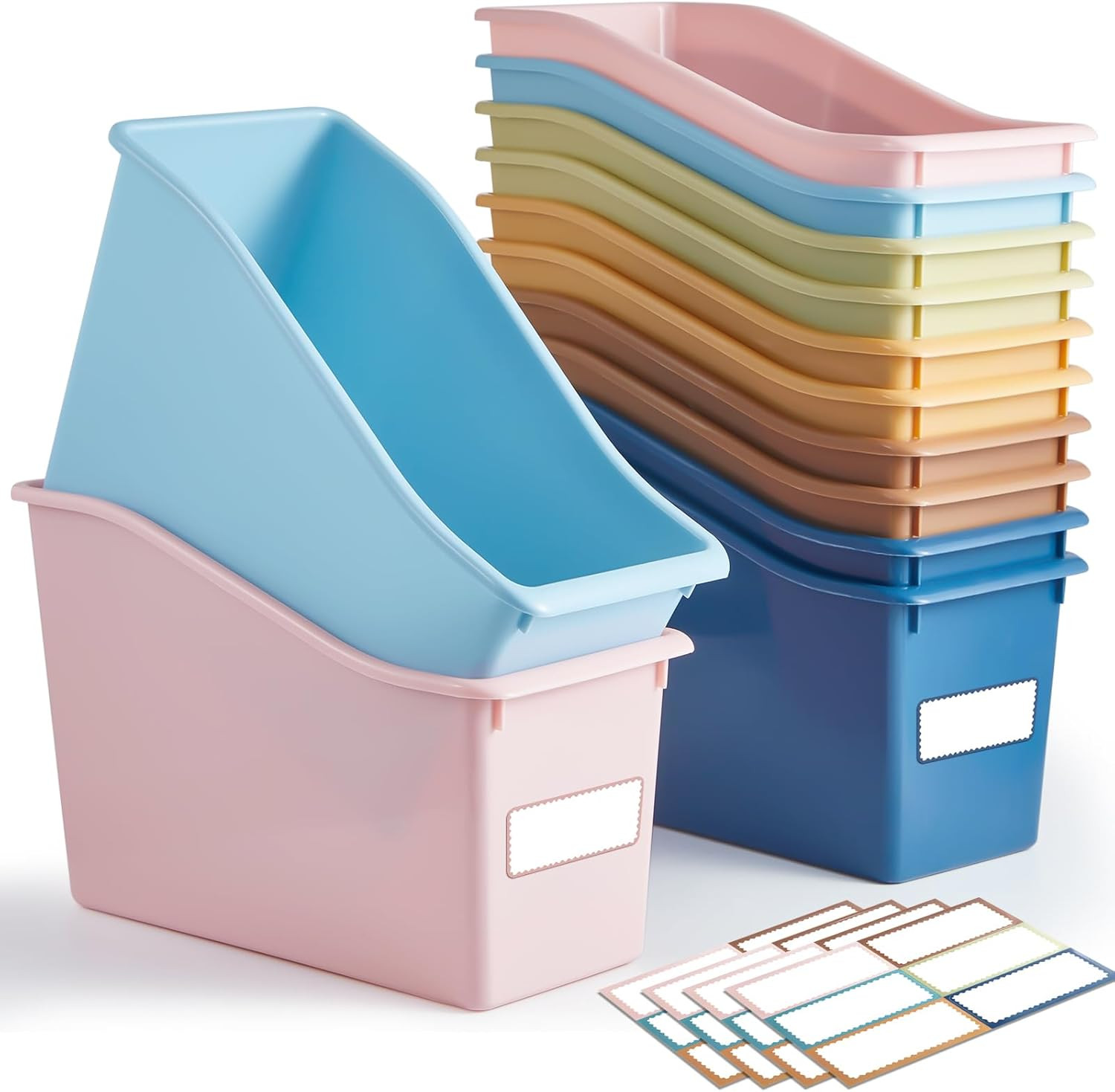 6 Pcs Book Bin for Classroom with Labels Stackable Plastic Organizing Bins 11.5