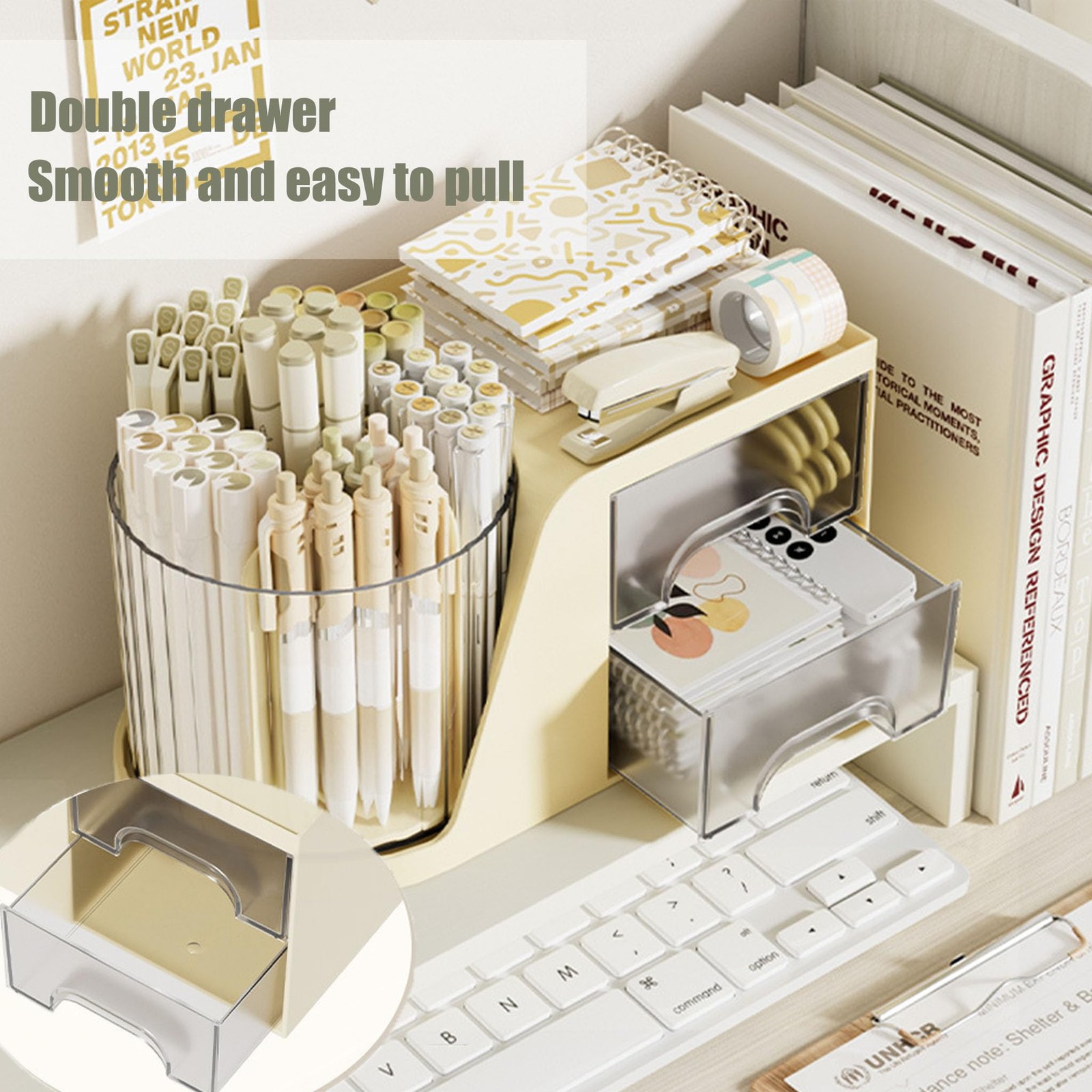 Aitoubil Desk Organizer with 2 Drawer,360 Degree Rotating Pen Holder Cream