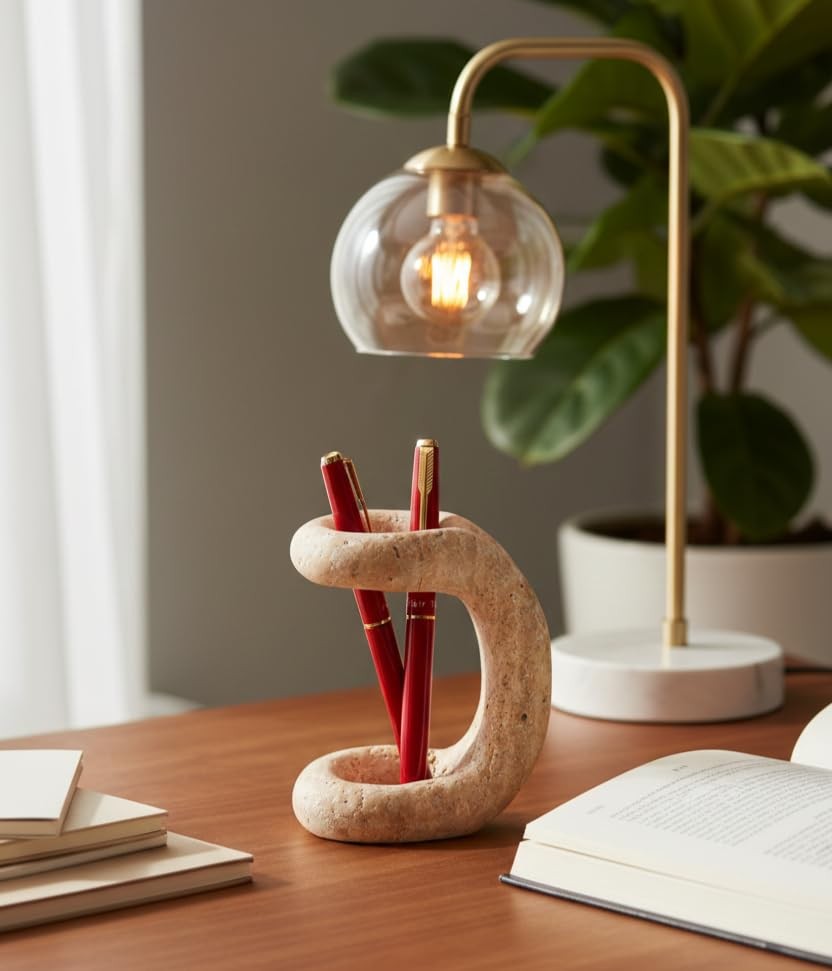 Marble Pen Holder for Desk 4 Inch Travertine Pencil Holder for Desk Accessori…