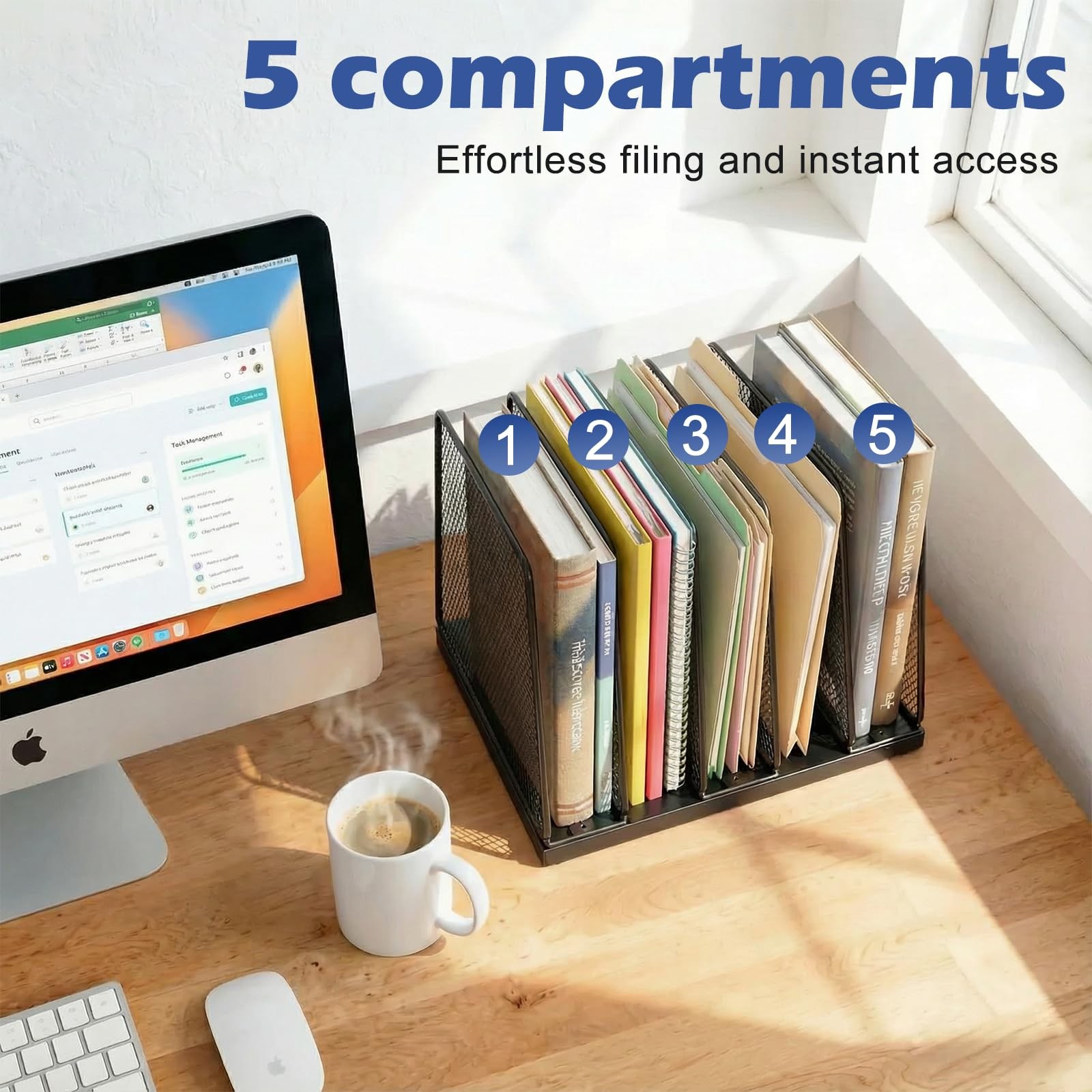 5-Section File Organizer for Desk, Wood Mesh Desktop File Organizer, File Sor…