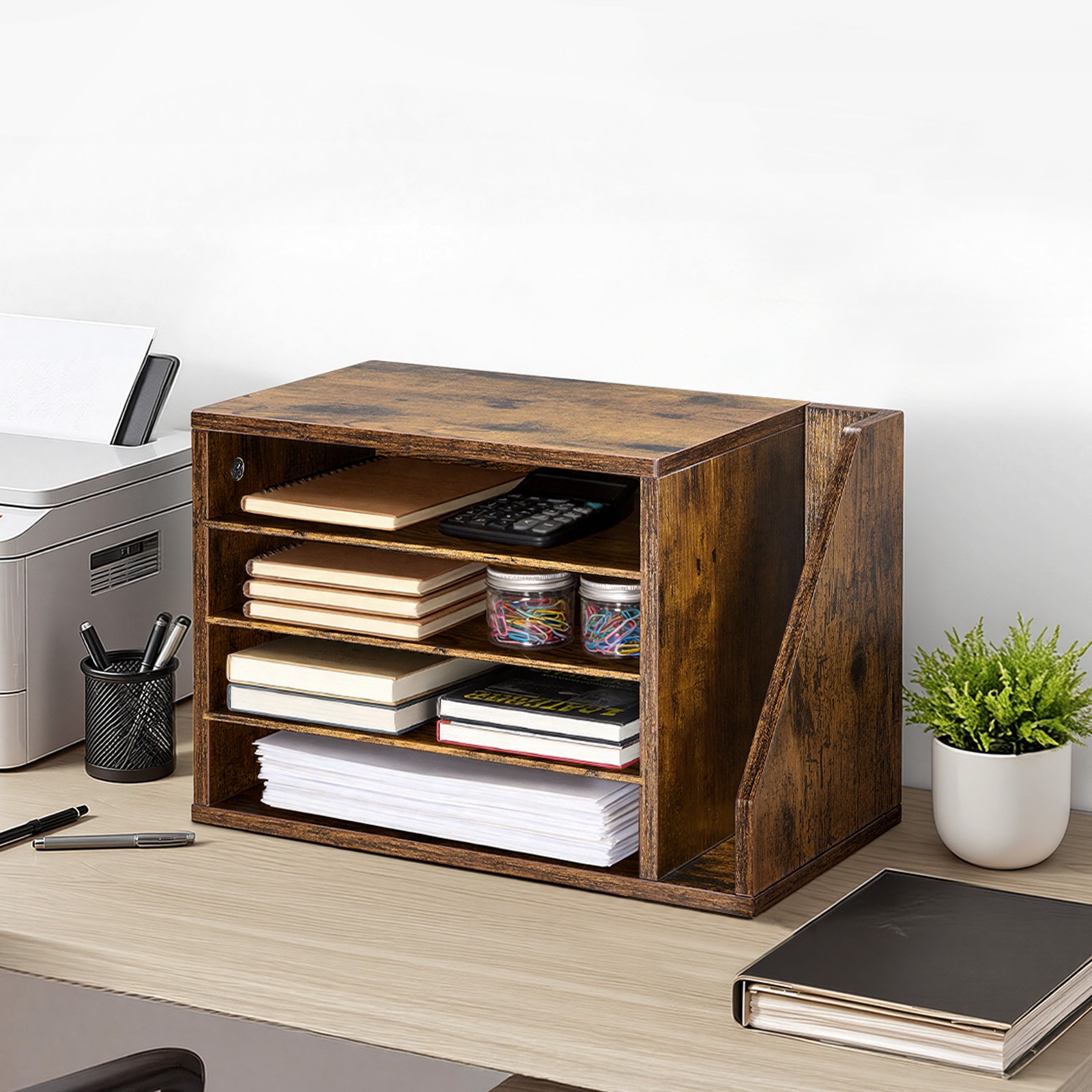 Uimoso 4-Compartment Office Mail Organizer with Detachable Shelves, Brown