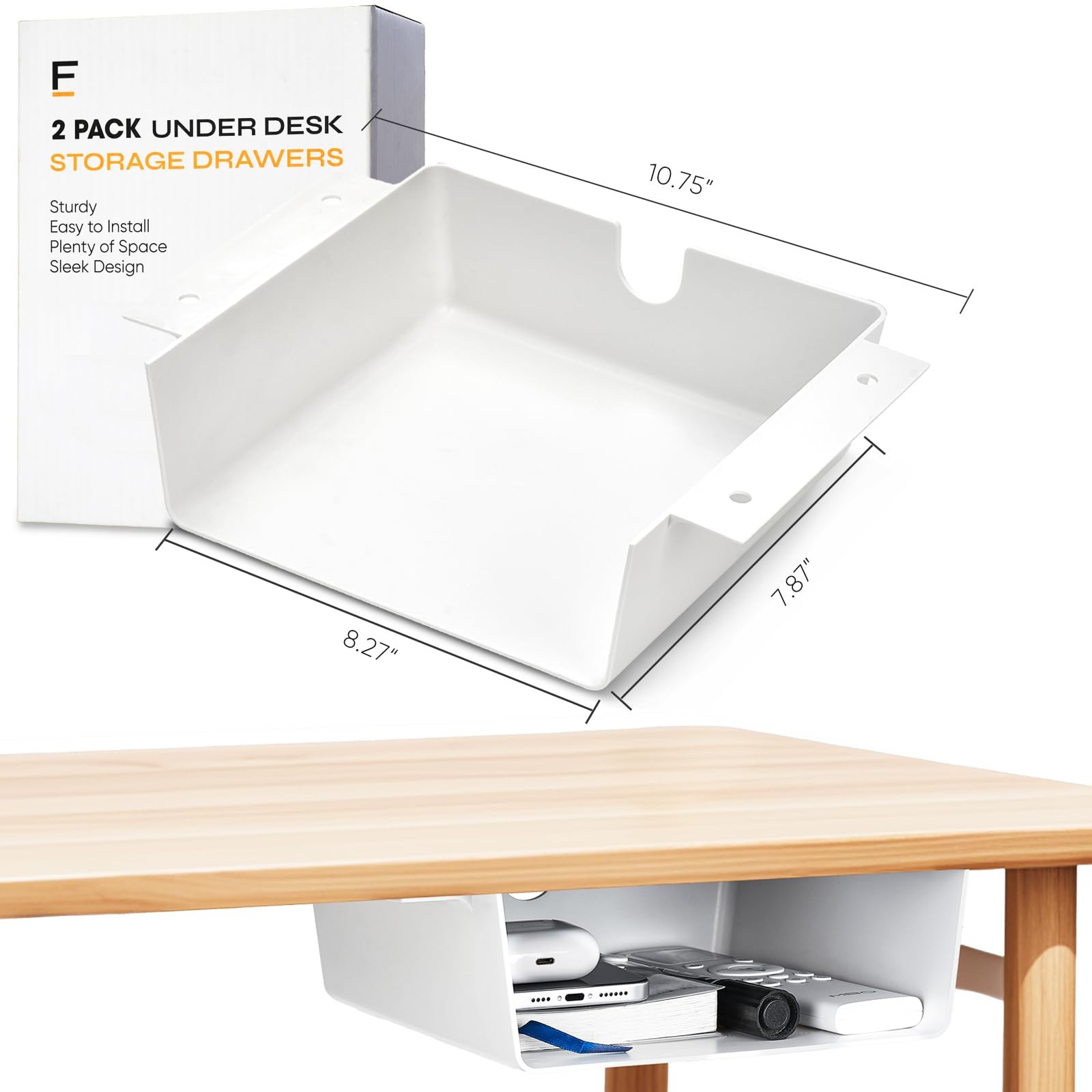 2 Pack Under Desk Hanging Shelf Drawer Organizer Attachable Plastic Hidden St…