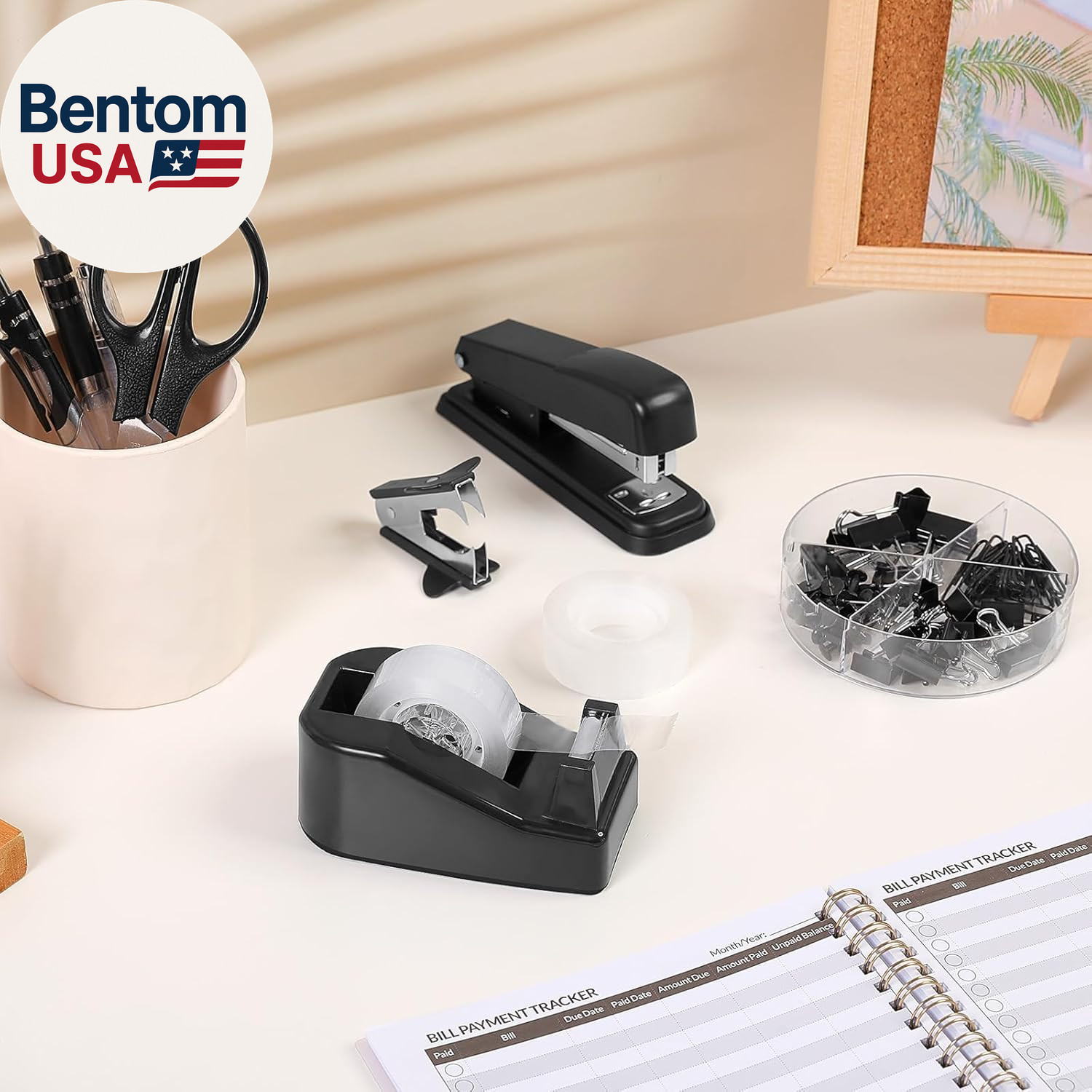 Black Office Supplies Set, Black Desk Accessories, Stapler, Tape Dispenser, Scis