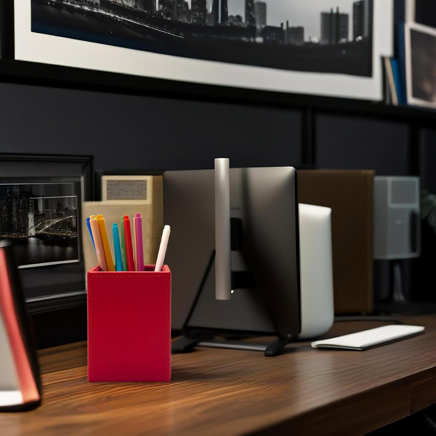 Square Pen Holder, Leather Pencil Cup, Desktop Caddy Stationery Organizer, Red