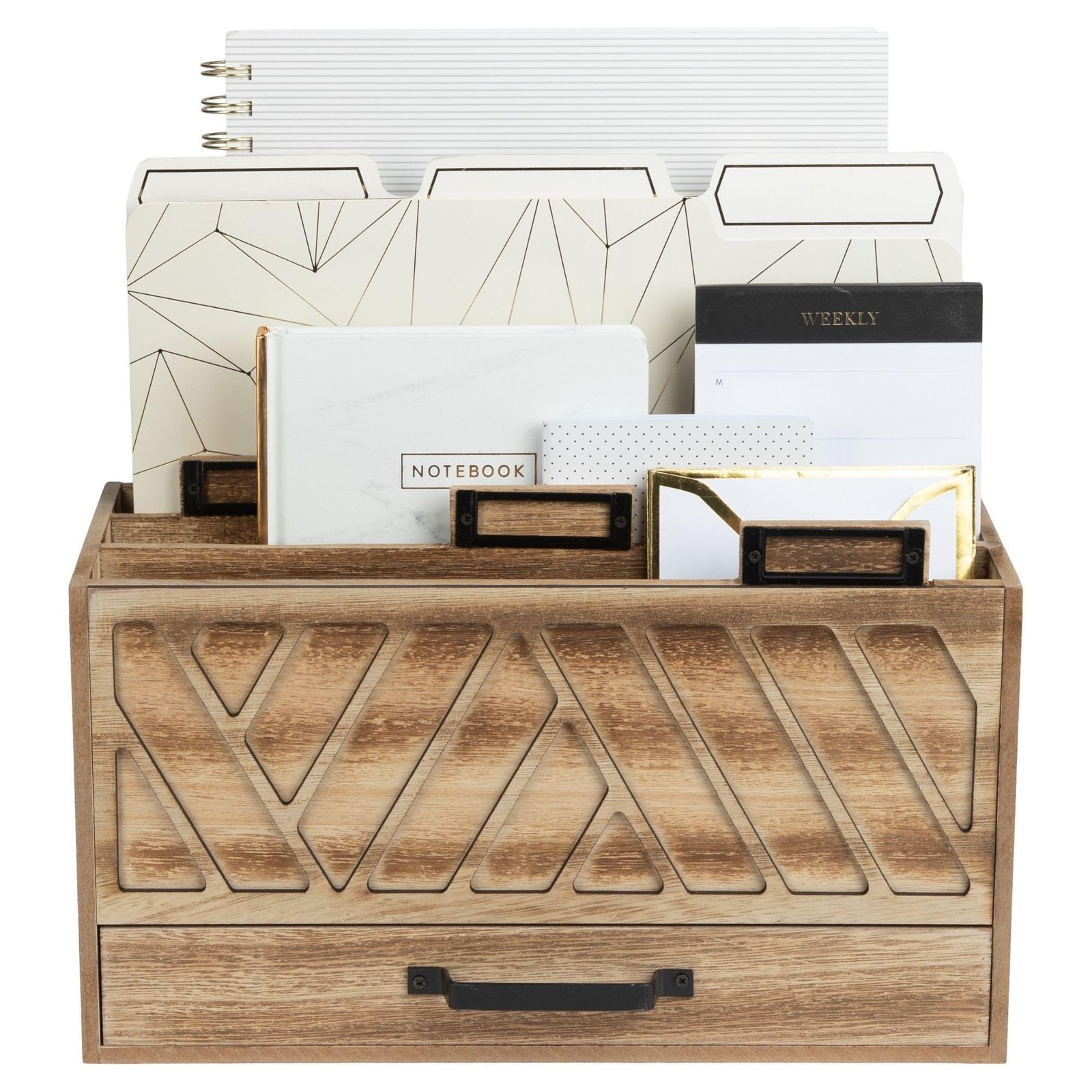 | Natural Wood Desktop Mail Organizer with Drawer | Three-Tier Mail Sorter wi…