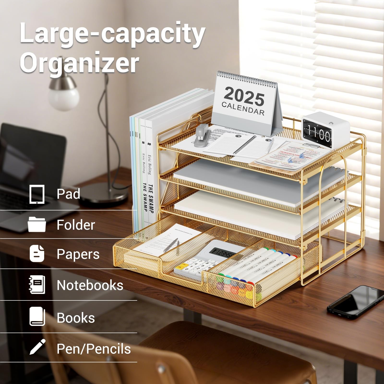 OPNICE File Desk Organizers and Accessories – Paper Letter Tray Medium, Gold