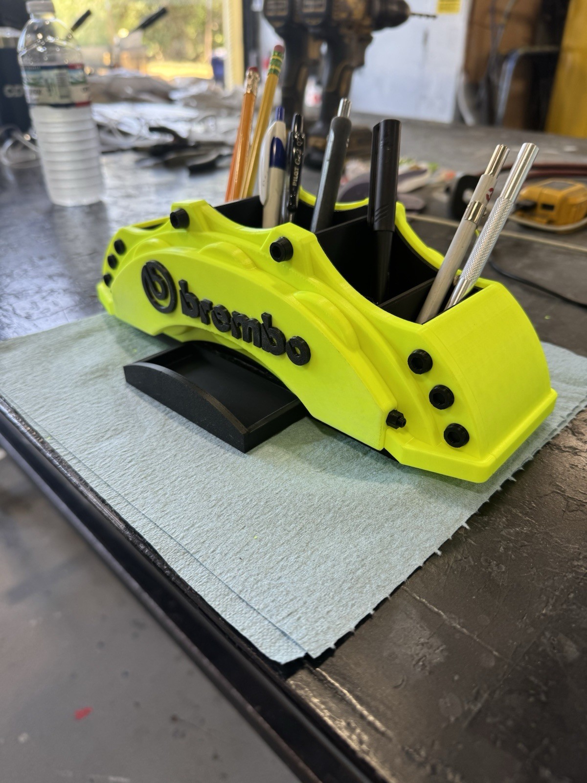 Brembo Brake Caliper Desktop Organizer Pen Holder Plastic Neon Yellow