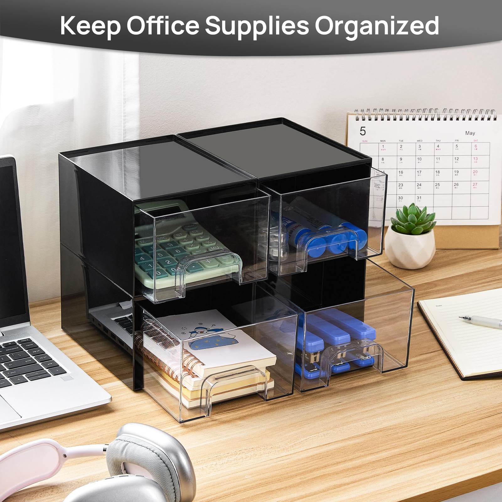 Vtopmart Black Small Stackable Storage Drawers, 7.5″D x 6″W x 4.4″H,