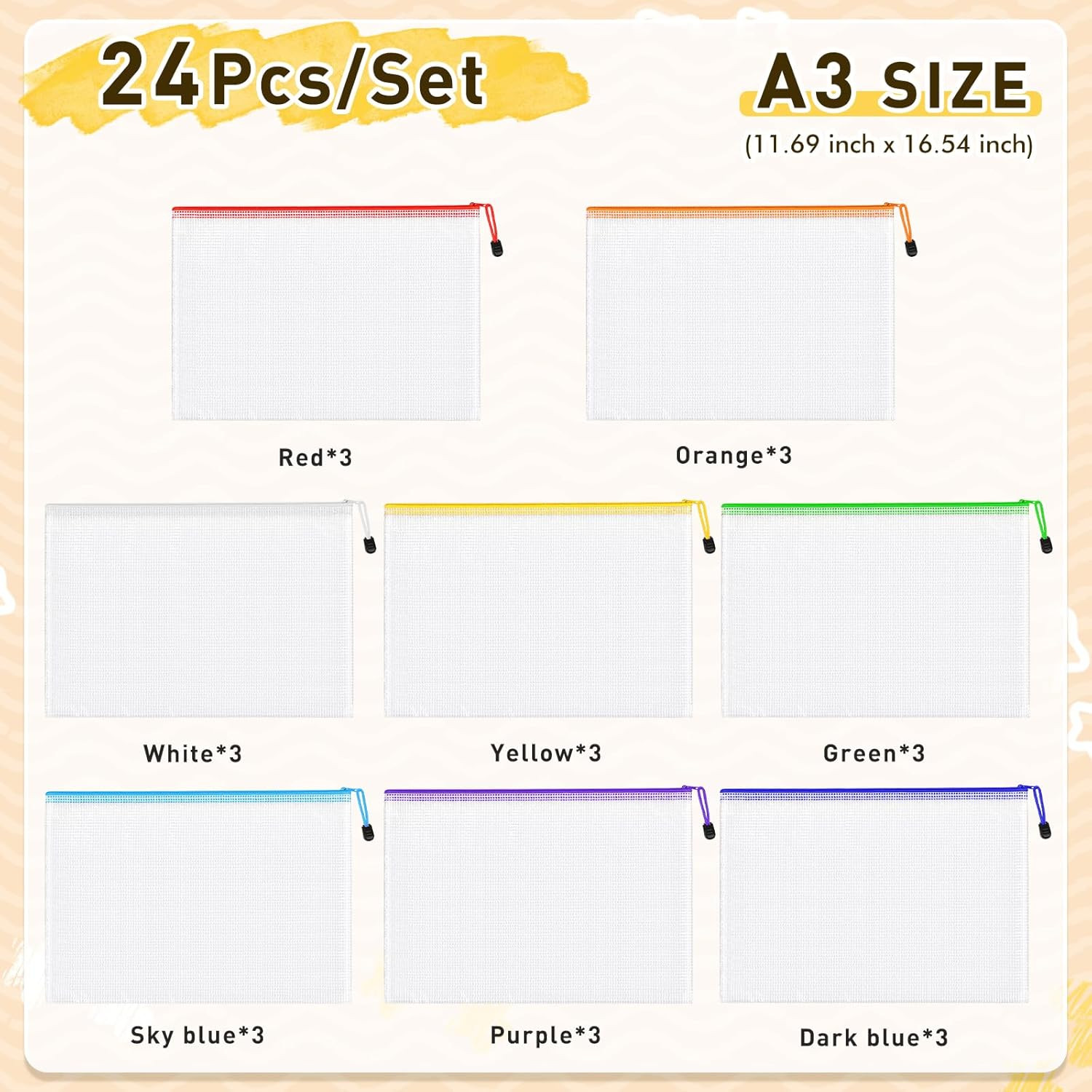24Pcs Mesh Zipper Pouch Bags, A3 Large Size 8 Colors Plastic Zipper Bags for Org