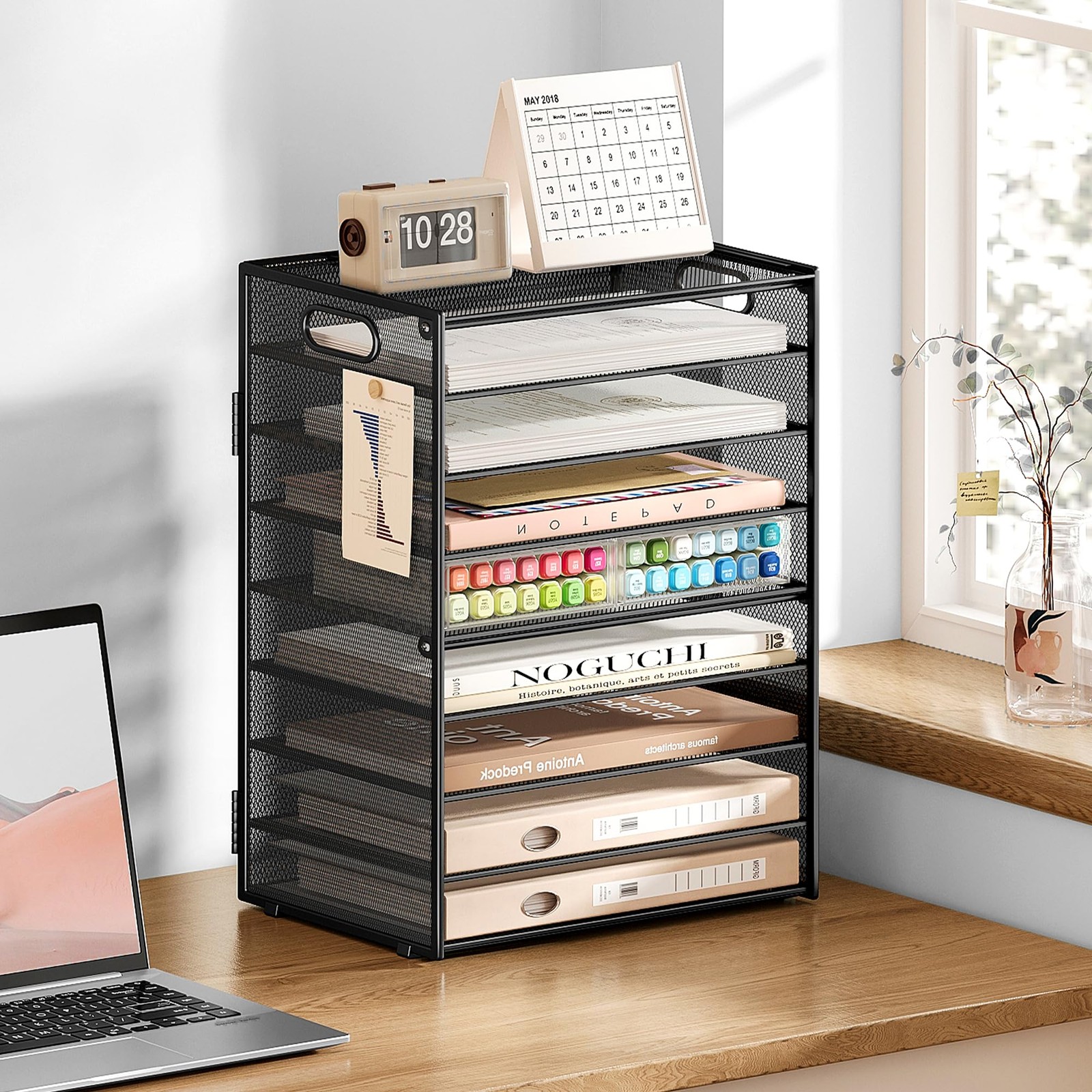 9-Tier Black Metal Mesh Paper Organizer with 6 Adjustable Sliding Trays