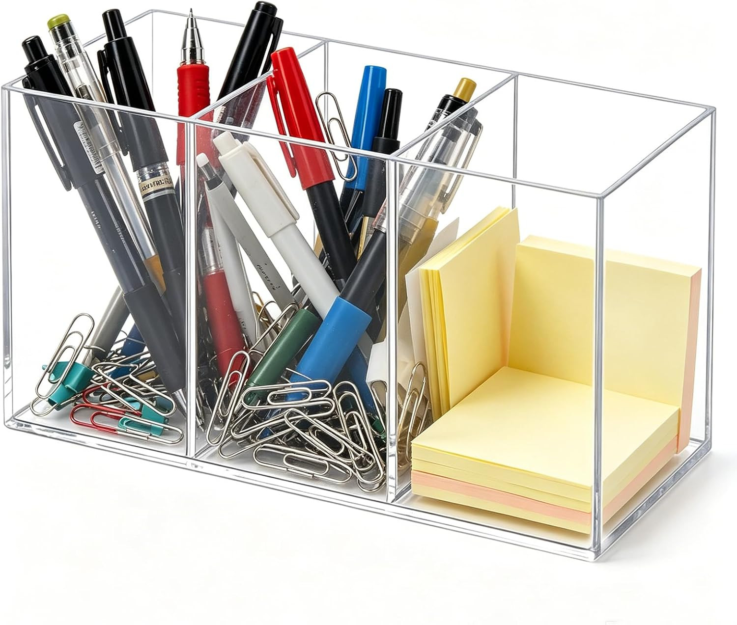 Acrylic Desk Organizer with 3 Compartments, Clear Pen Holder for Pencils and Mar