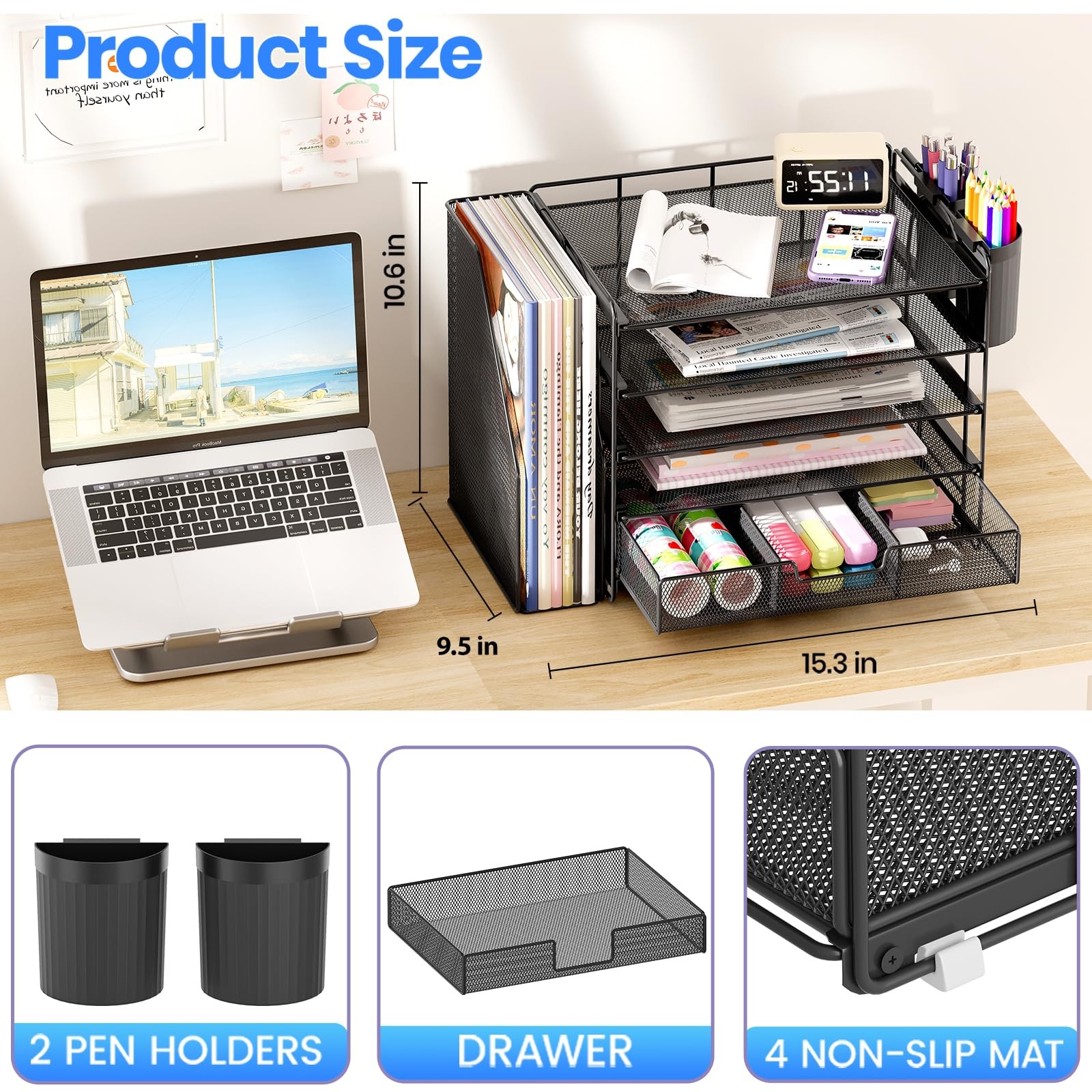 Desk Organizer, 5-Tier Desktop File Organizer with Drawer and Pen Holders, Of…