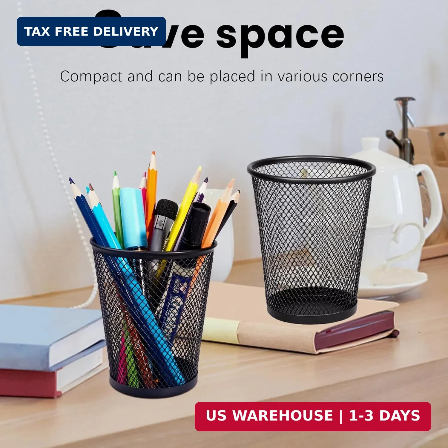 QYH Mesh Pencil Holder for Desk 6 Pack, Metal Pen Cup Black | Pen Holder for Des