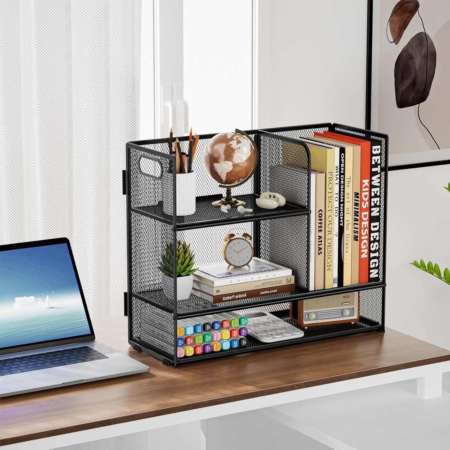3-Tier Desk Shelf Organizer with Handle, Desktop Bookshelf File Holder, Mesh Dis