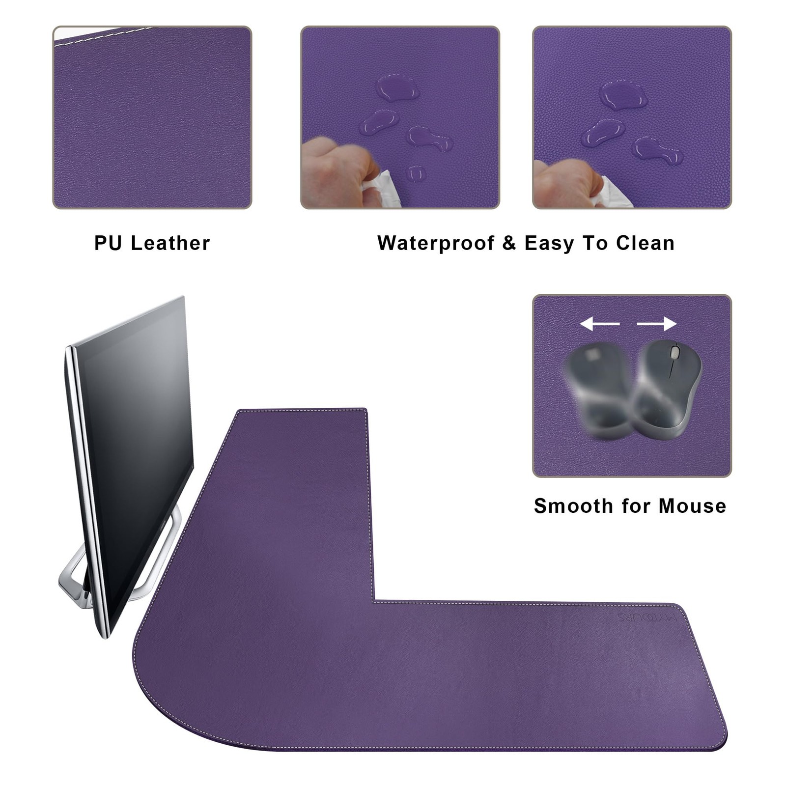 Mydours L Shaped Desk Mat, (38″+38) x 13″ Large PU Leather 38″ x 38″, Purple