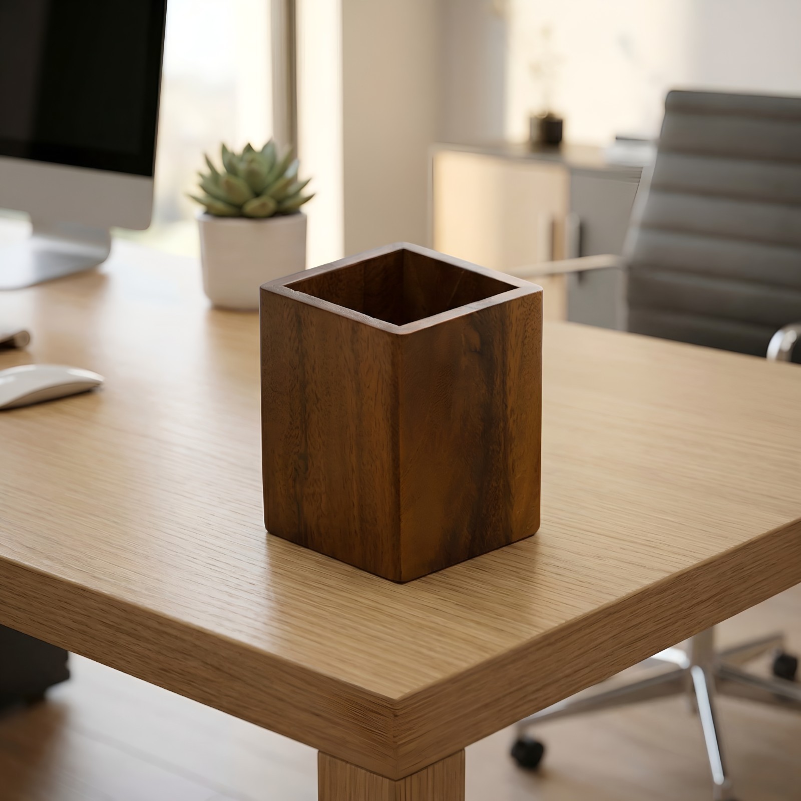Square Walnut Wood pencil holder pen pot desktop organizer home office gift