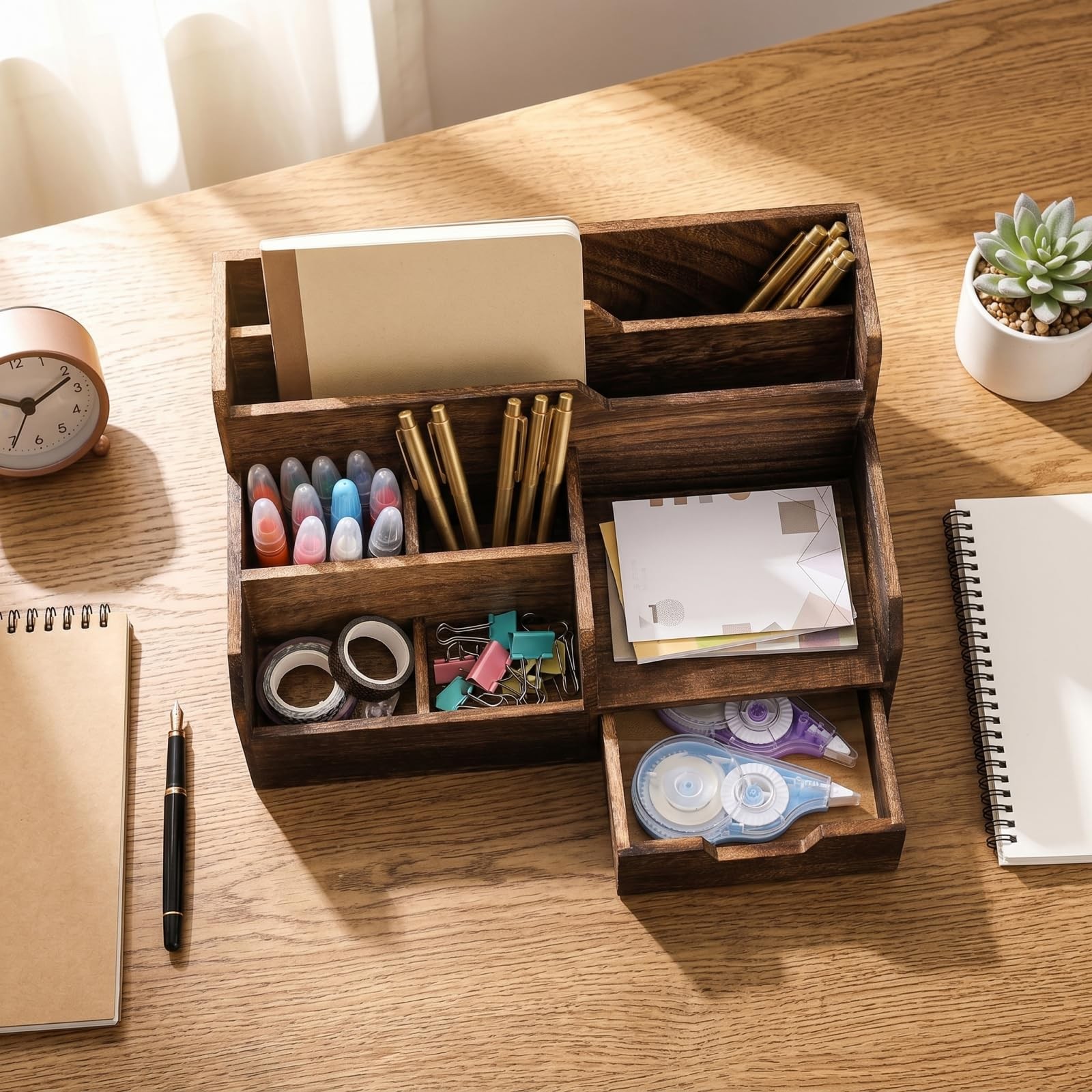 Pumtus Brown Wooden Desk Organizer, Mail Organizer with 7 Compartments