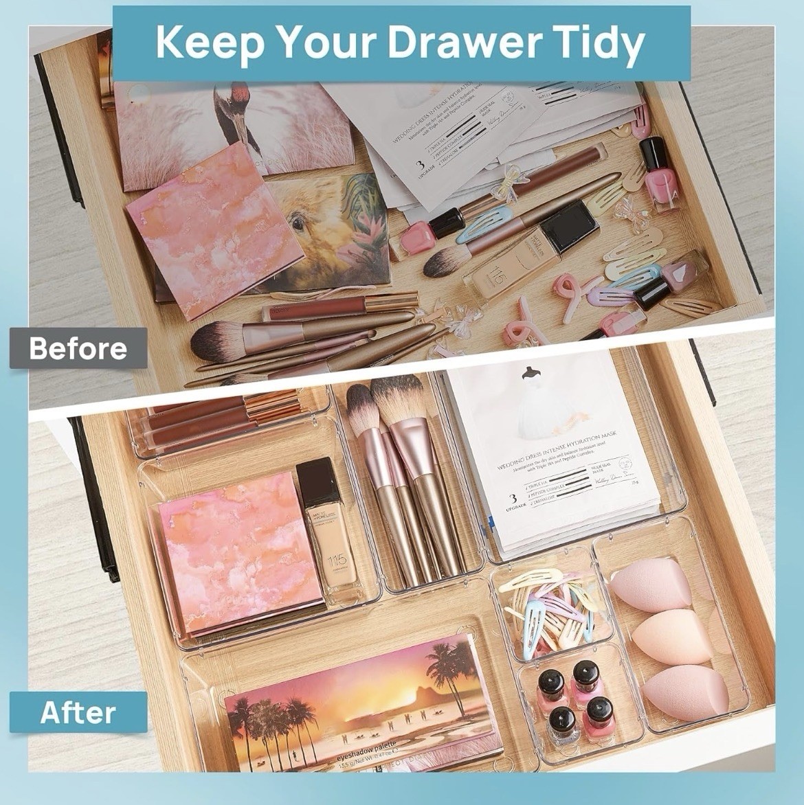 25 Pack Clear Plastic Drawer Organizer Trays Set 4 Sizes Non-Slip 100 Feet
