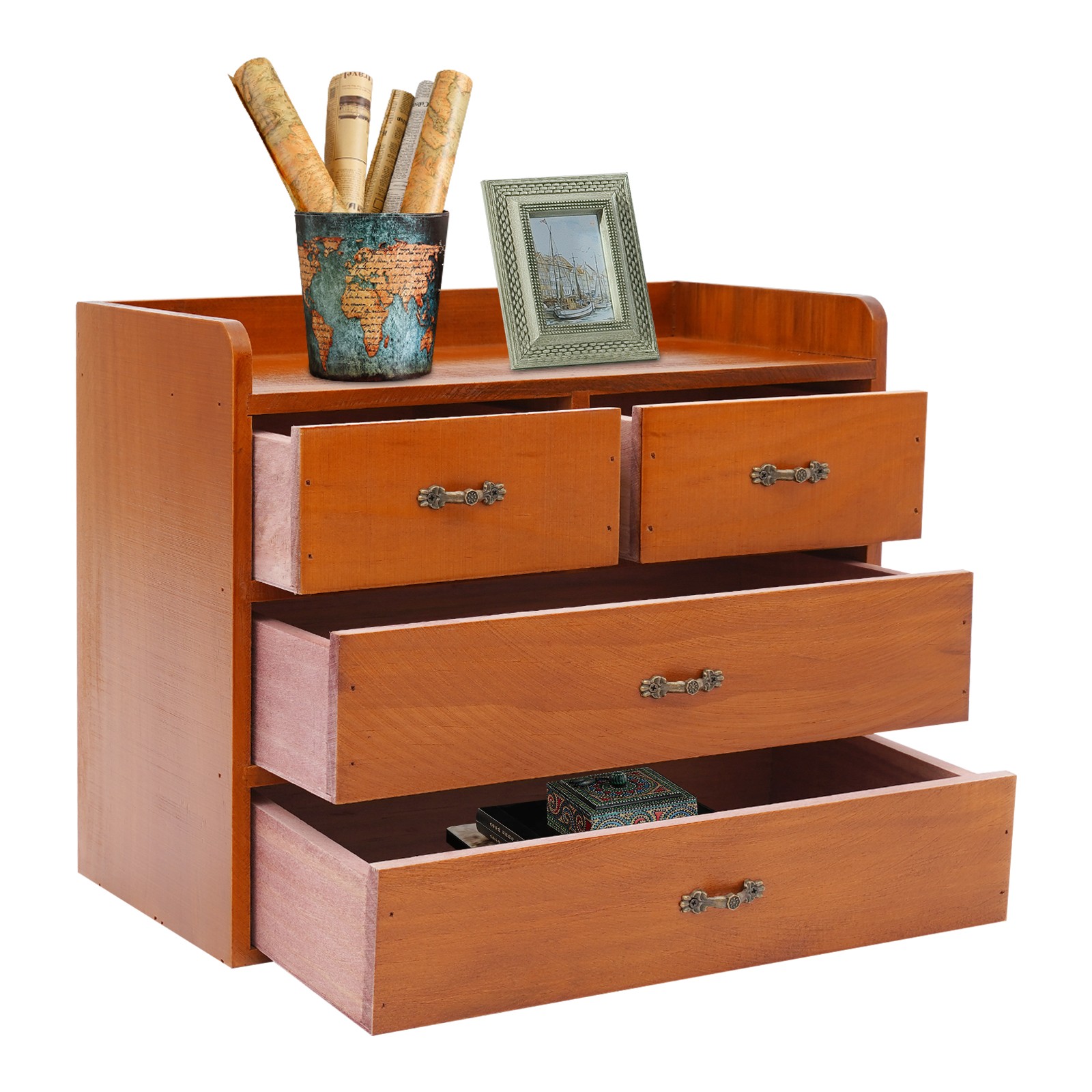 Desk Organizer with Drawers Wooden Desktop Storage Cabinet Storage Box, 4 Drawer