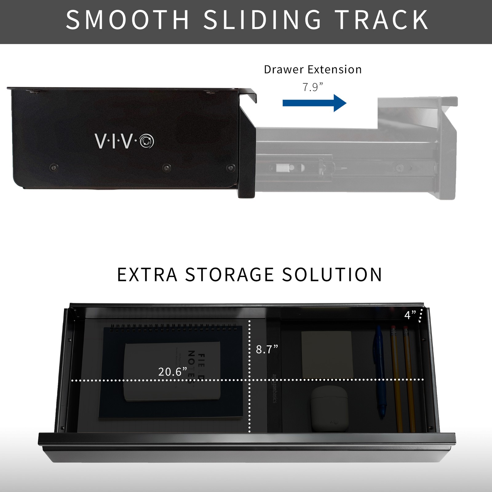 VIVO Black Space Saving 22″ Pull Out Under Desk Storage Drawer without Shell