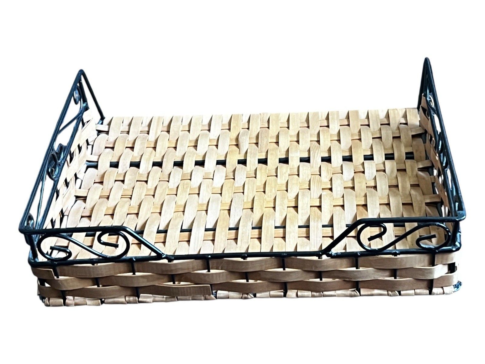 Woven Wicker Metal Desk File Organizer 13”L 11”W 3”T Excellent Used Condition