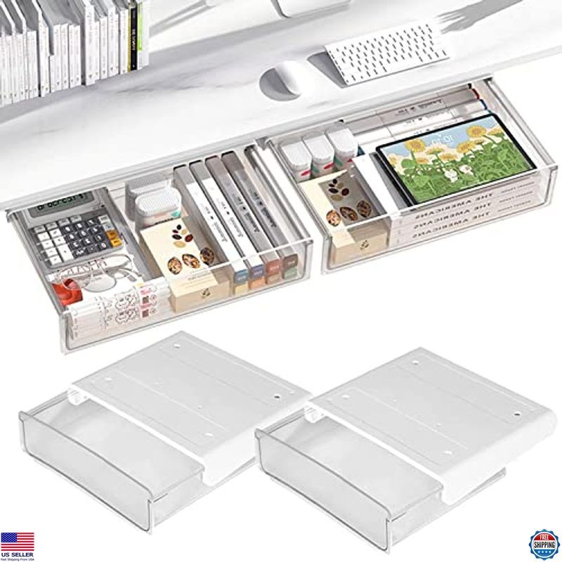 2 Pack Self-Adhesive Under Desk Drawer Organizer – Large White Slide-Out Trays
