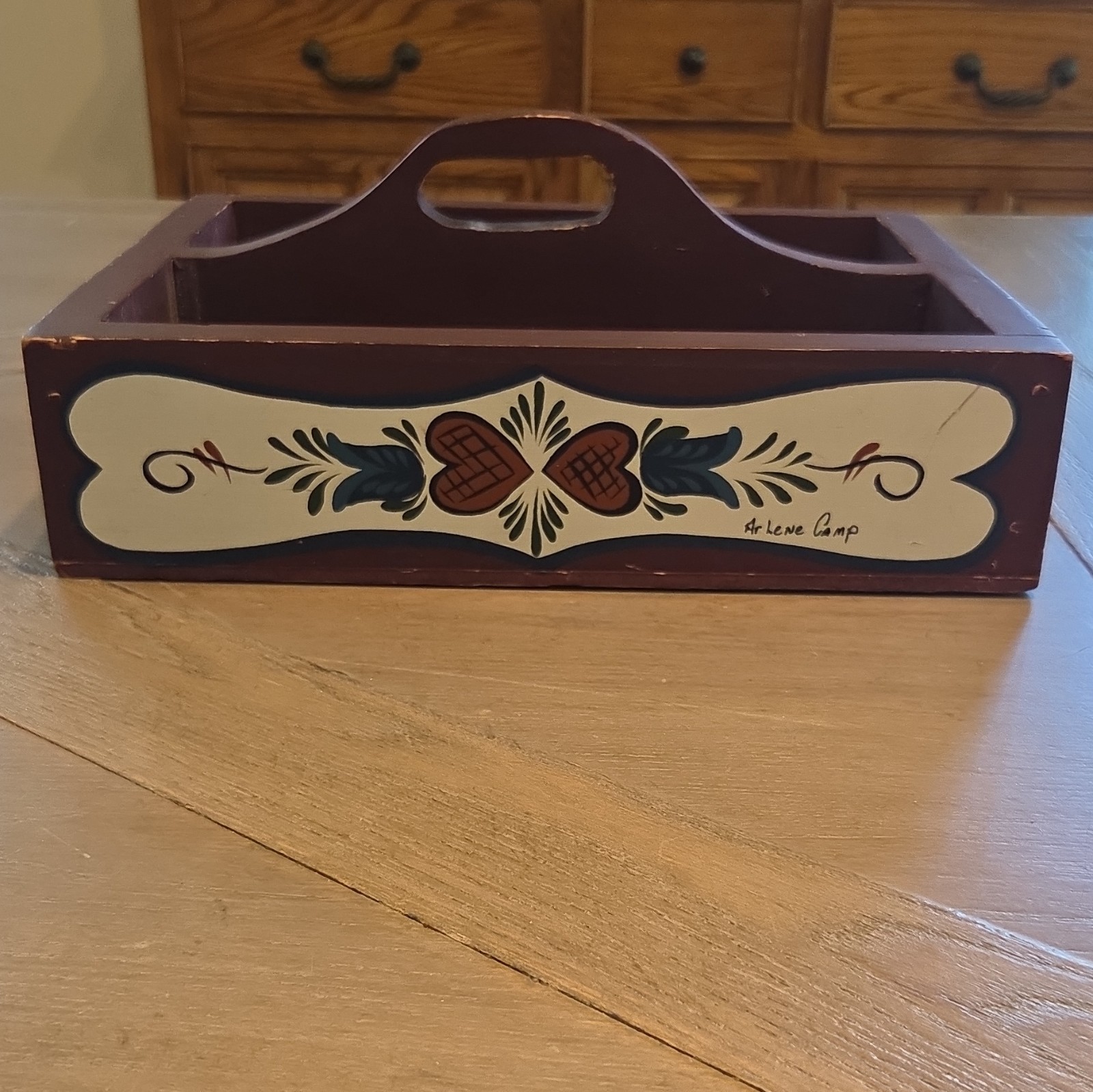 Rustic Wooden Folk Art Caddy signed Arlene Camp